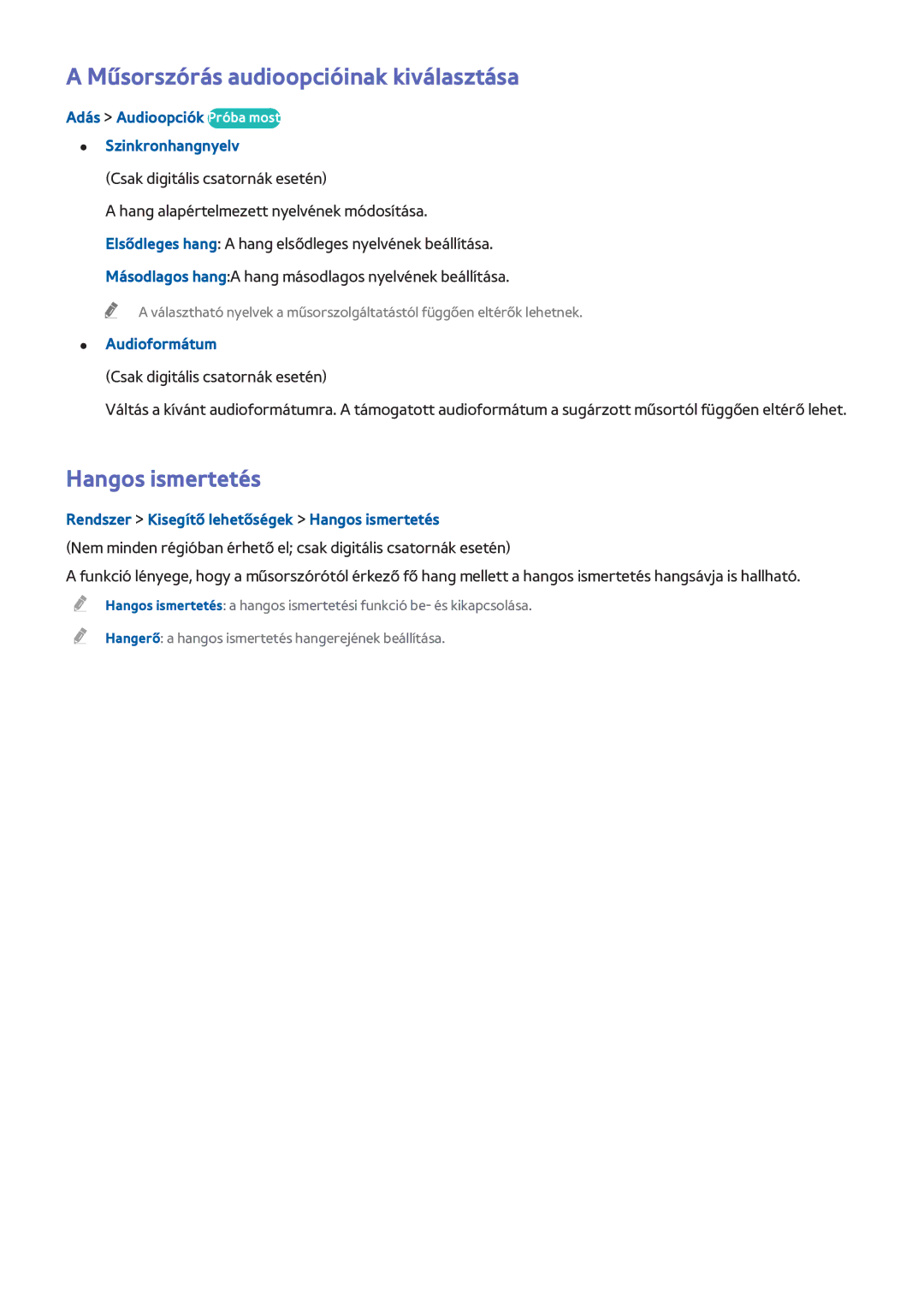 Samsung UE65H6470SSXXH, UE75H6470SSXZG manual Műsorszórás audioopcióinak kiválasztása, Hangos ismertetés, Audioformátum 