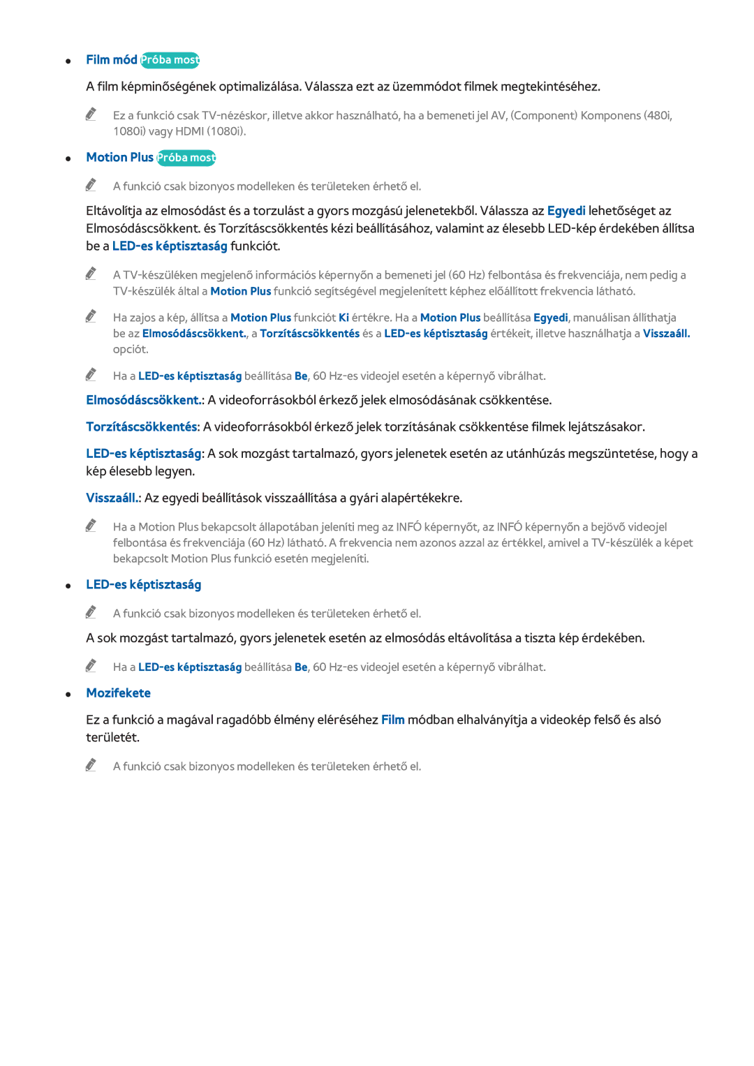 Samsung UE55H6470SSXXH, UE75H6470SSXZG, UE65H6470SSXZG manual Motion Plus Próba most, LED-es képtisztaság, Mozifekete 