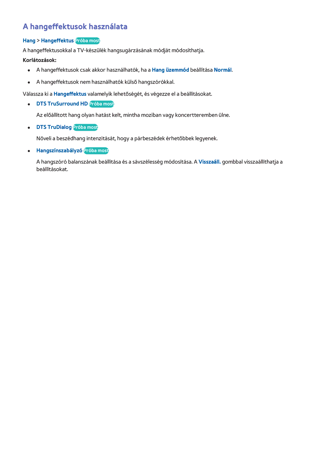 Samsung UE40H6500SLXXC manual Hangeffektusok használata, Hang Hangeffektus Próba most, DTS TruSurround HD Próba most 