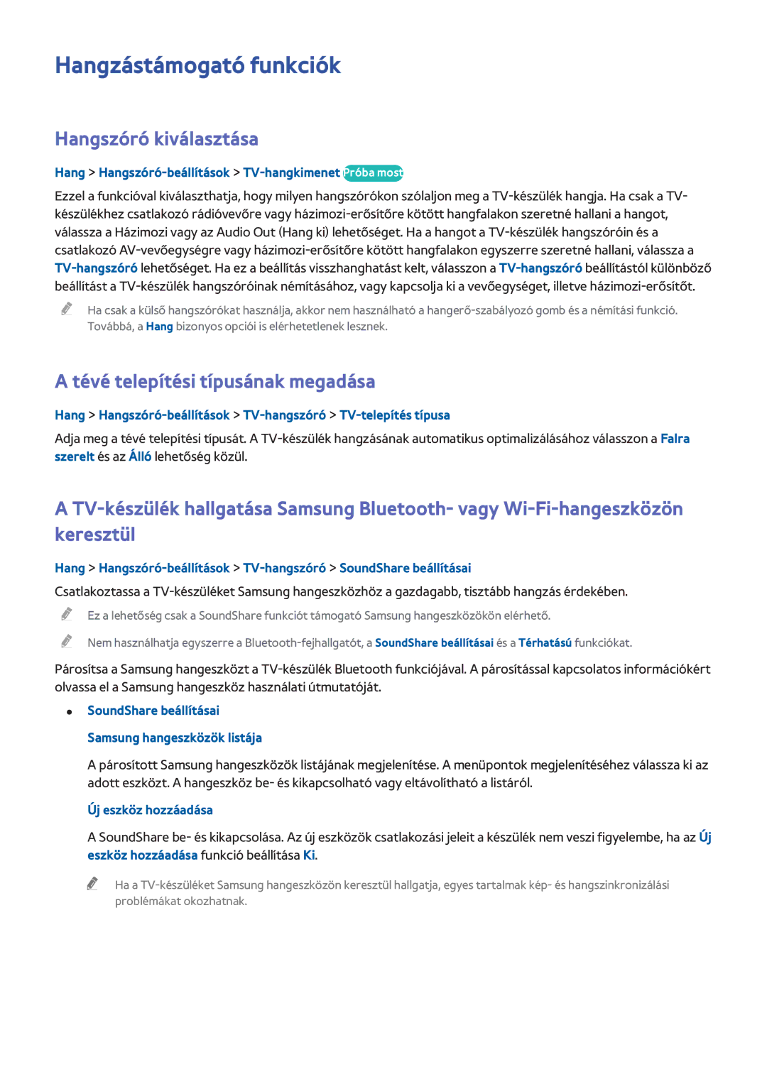 Samsung UE48H5570SSXXH manual Hangzástámogató funkciók, Hangszóró kiválasztása, Tévé telepítési típusának megadása 