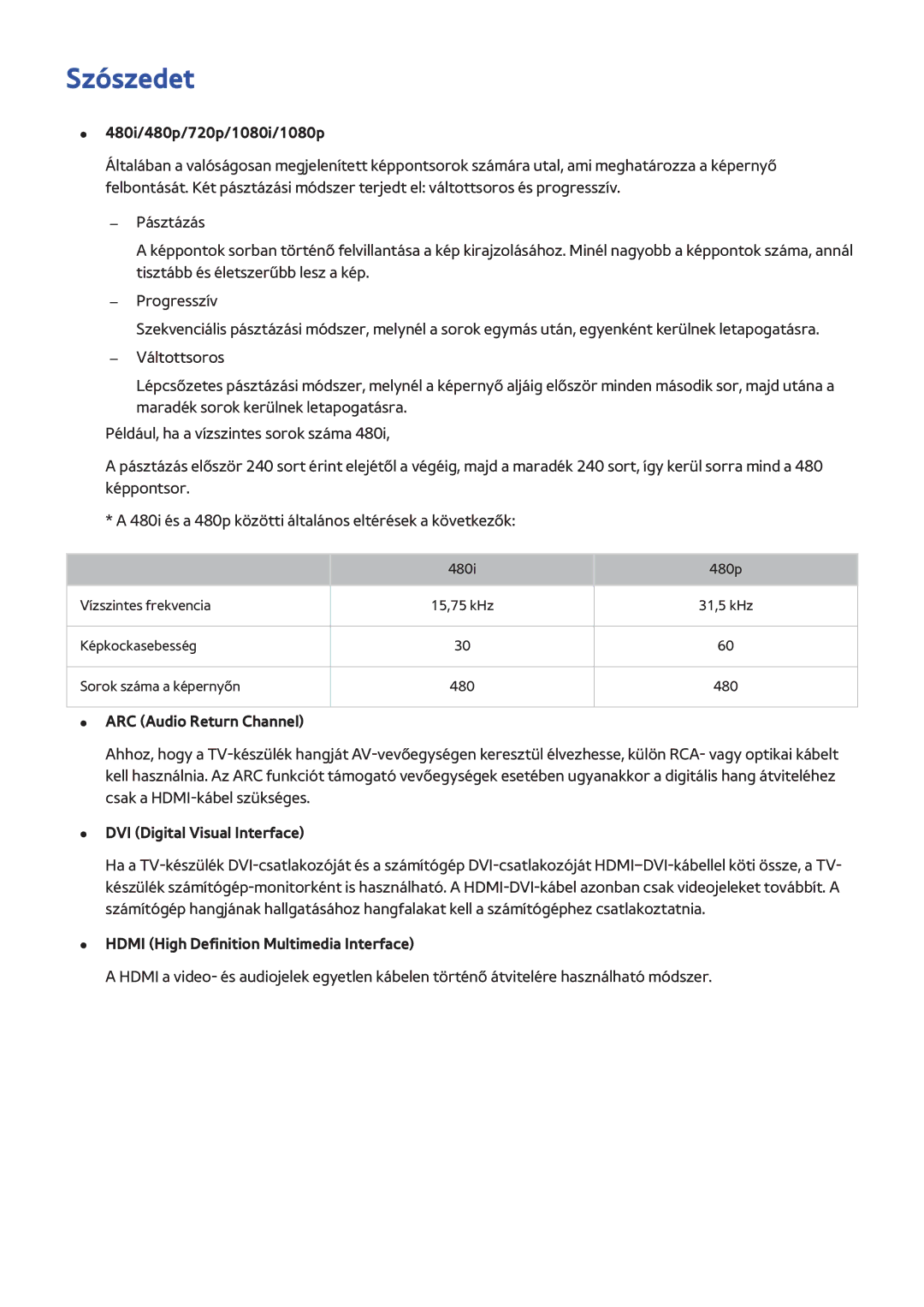 Samsung UE48H6700STXXU manual Szószedet, 480i/480p/720p/1080i/1080p, ARC Audio Return Channel, DVI Digital Visual Interface 