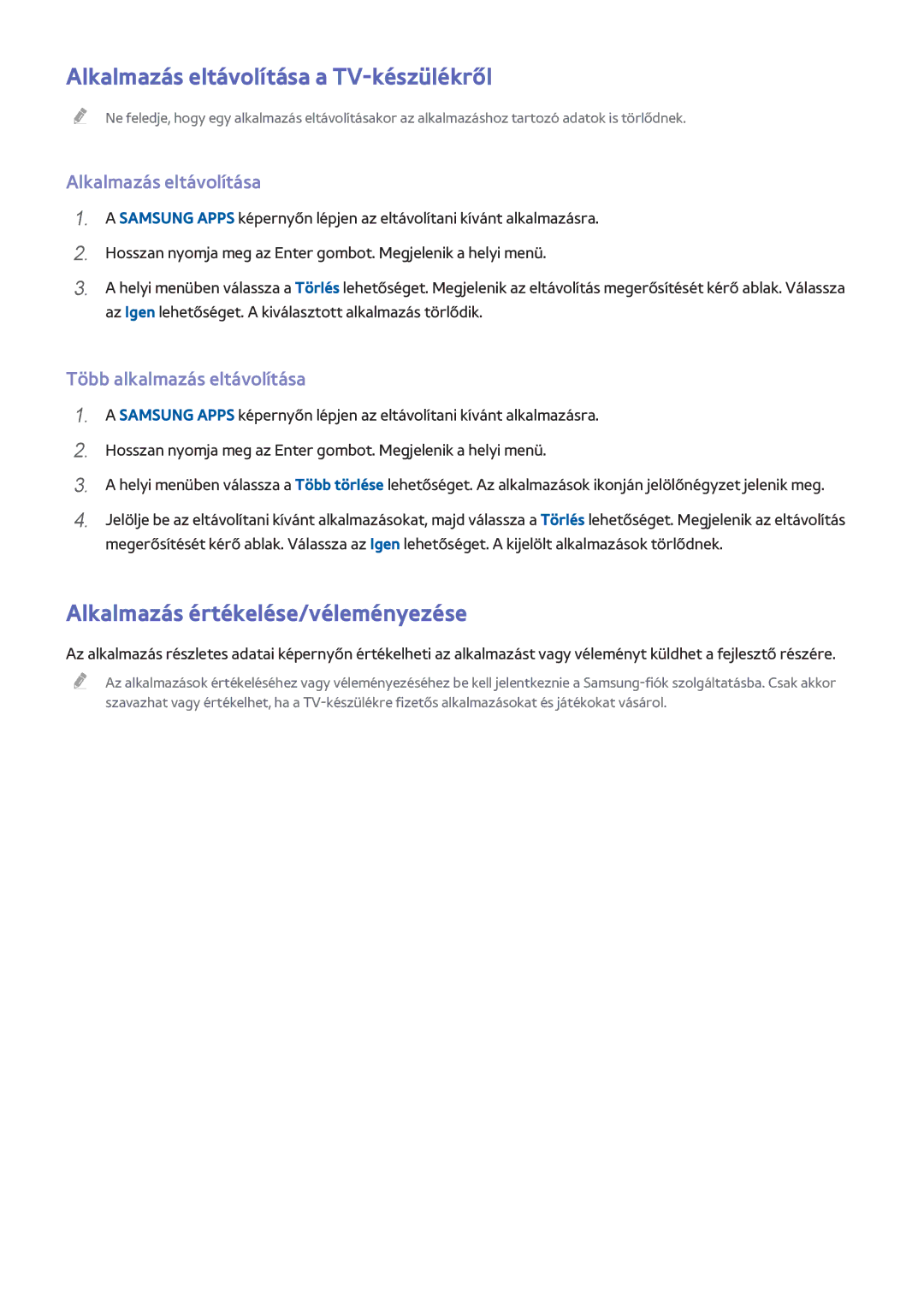 Samsung UE50H5500AWXZF, UE75H6470SSXZG manual Alkalmazás eltávolítása a TV-készülékről, Alkalmazás értékelése/véleményezése 