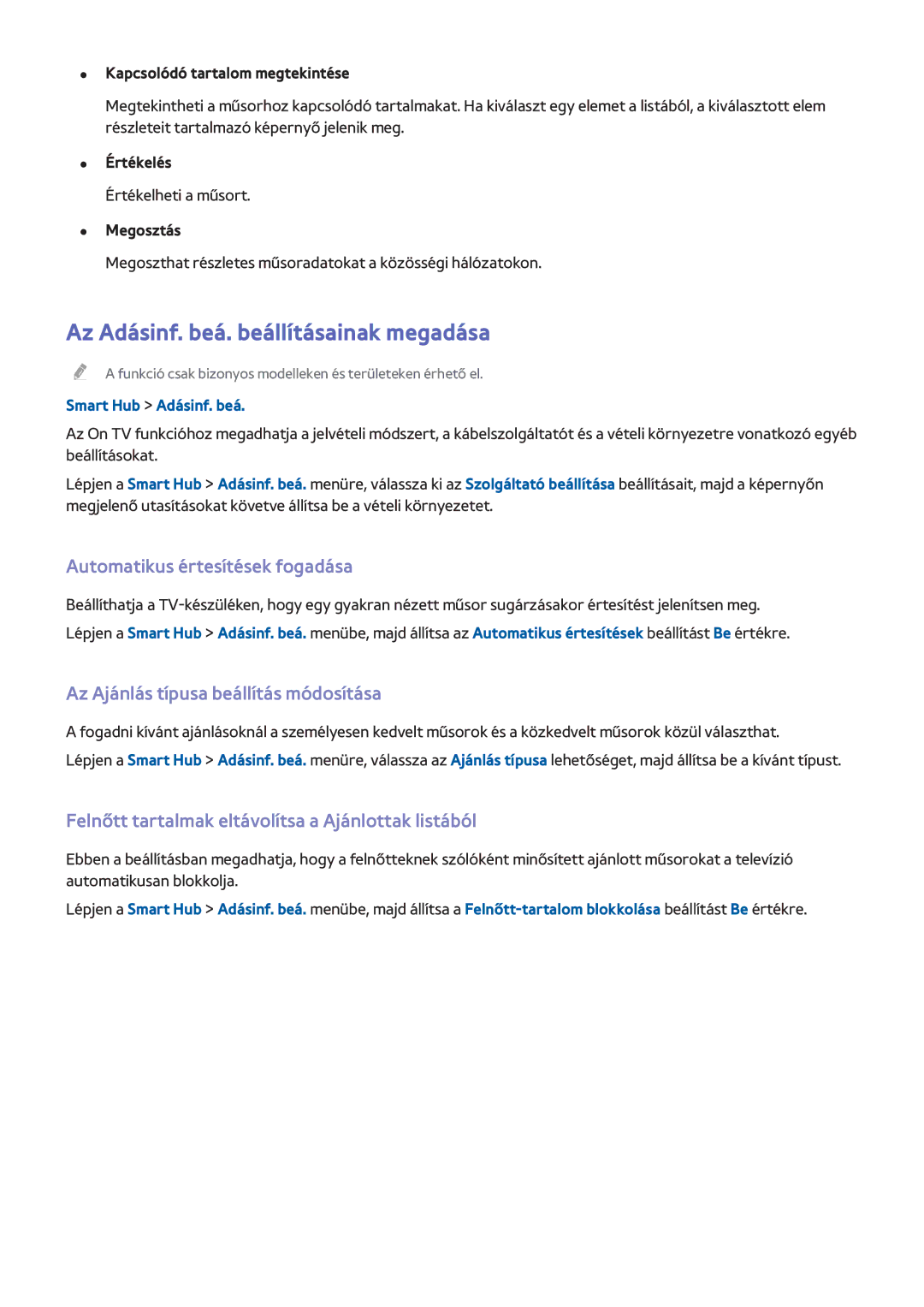 Samsung UE48H5500AWXZF Az Adásinf. beá. beállításainak megadása, Automatikus értesítések fogadása, Smart Hub Adásinf. beá 