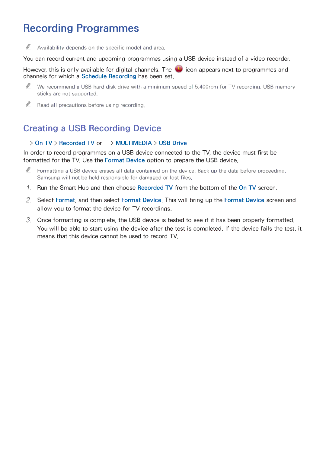 Samsung UE55H6640SLXZF Recording Programmes, Creating a USB Recording Device, On TV Recorded TV or Multimedia USB Drive 