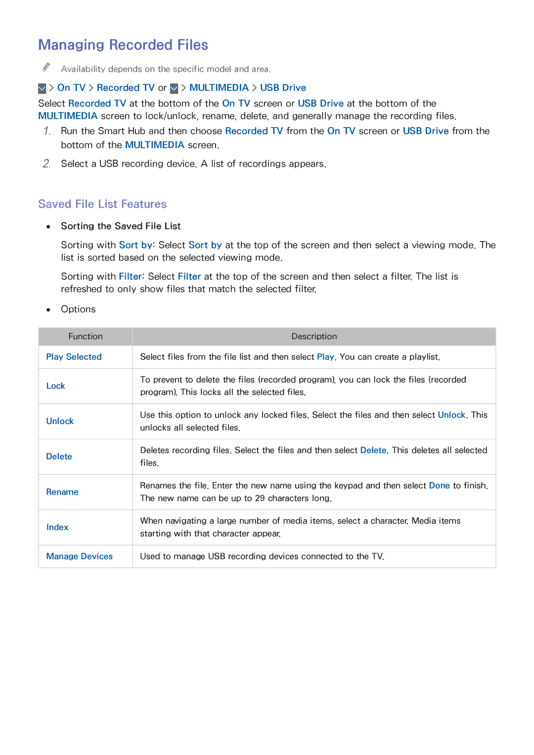 Samsung UE40H6640SLXZF, UE75H6470SSXZG, UE65H6470SSXZG, UE22H5610AWXXH Managing Recorded Files, Saved File List Features 