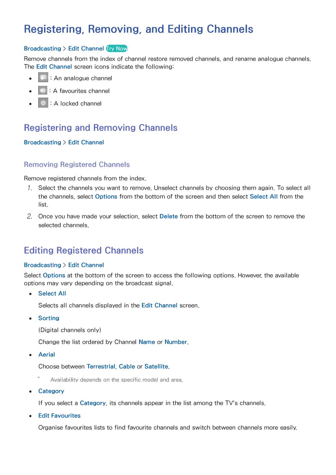 Samsung UE50H6200AWXZF, UE75H6470SSXZG manual Registering, Removing, and Editing Channels, Registering and Removing Channels 