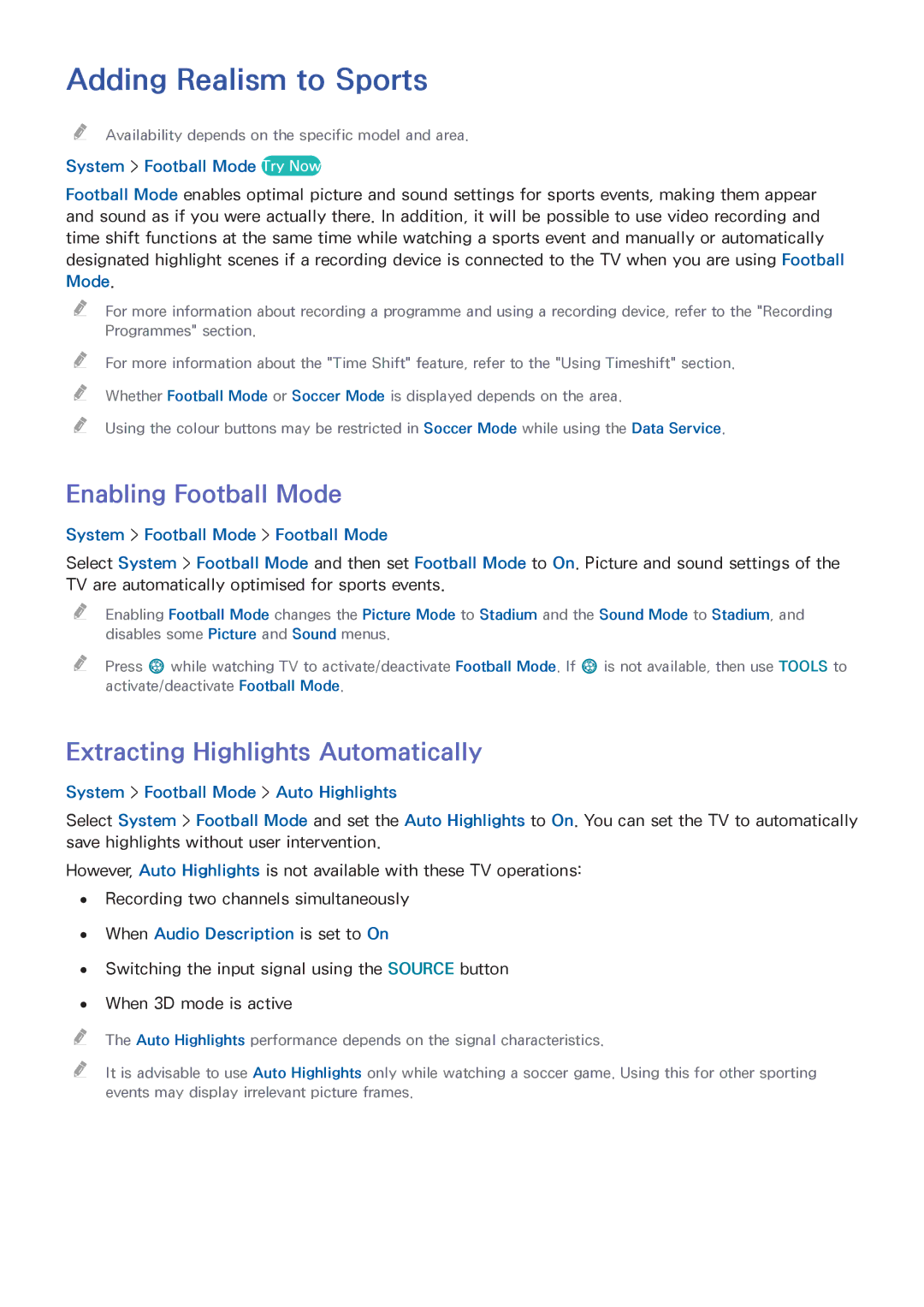 Samsung UE40H6400AYXZT manual Adding Realism to Sports, Enabling Football Mode, Extracting Highlights Automatically 