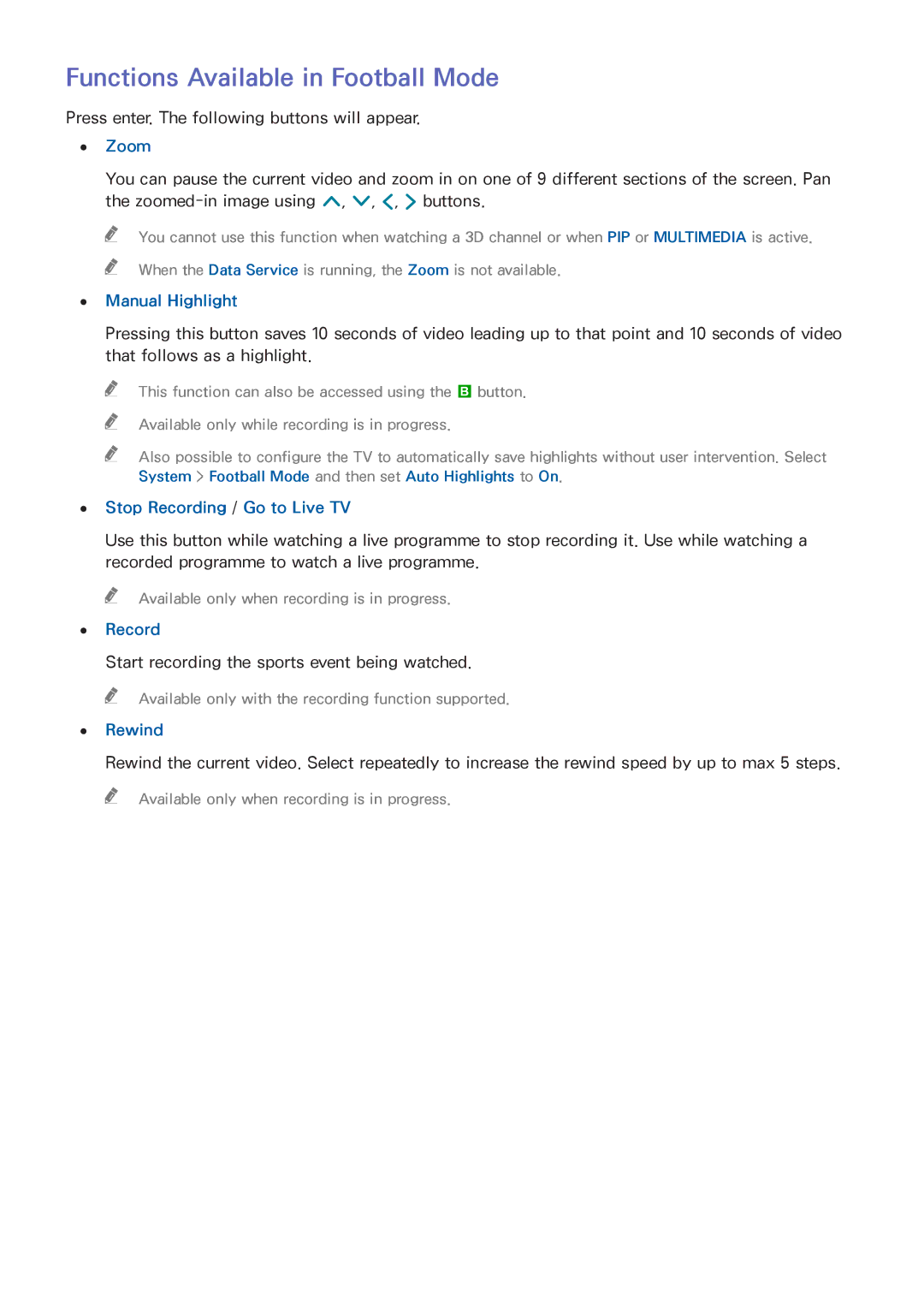 Samsung UE50H5500AYXZT, UE75H6470SSXZG manual Functions Available in Football Mode, Manual Highlight, Record, Rewind 