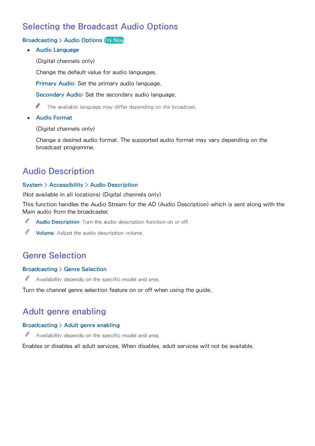 Samsung UE60H7000SZXZT Selecting the Broadcast Audio Options, Audio Description, Genre Selection, Adult genre enabling 