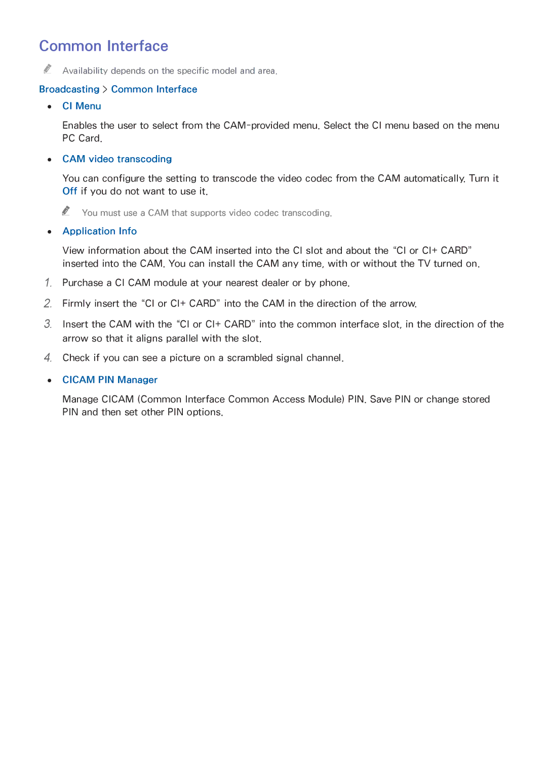 Samsung UE22H5610AWXXN, UE75H6470SSXZG Broadcasting Common Interface CI Menu, CAM video transcoding, Application Info 