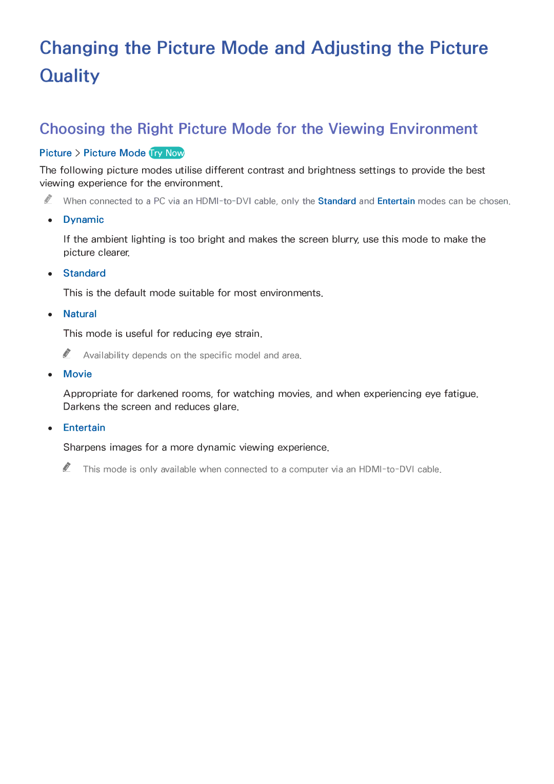 Samsung UE40H6410SDXZT, UE75H6470SSXZG, UE65H6470SSXZG manual Changing the Picture Mode and Adjusting the Picture Quality 