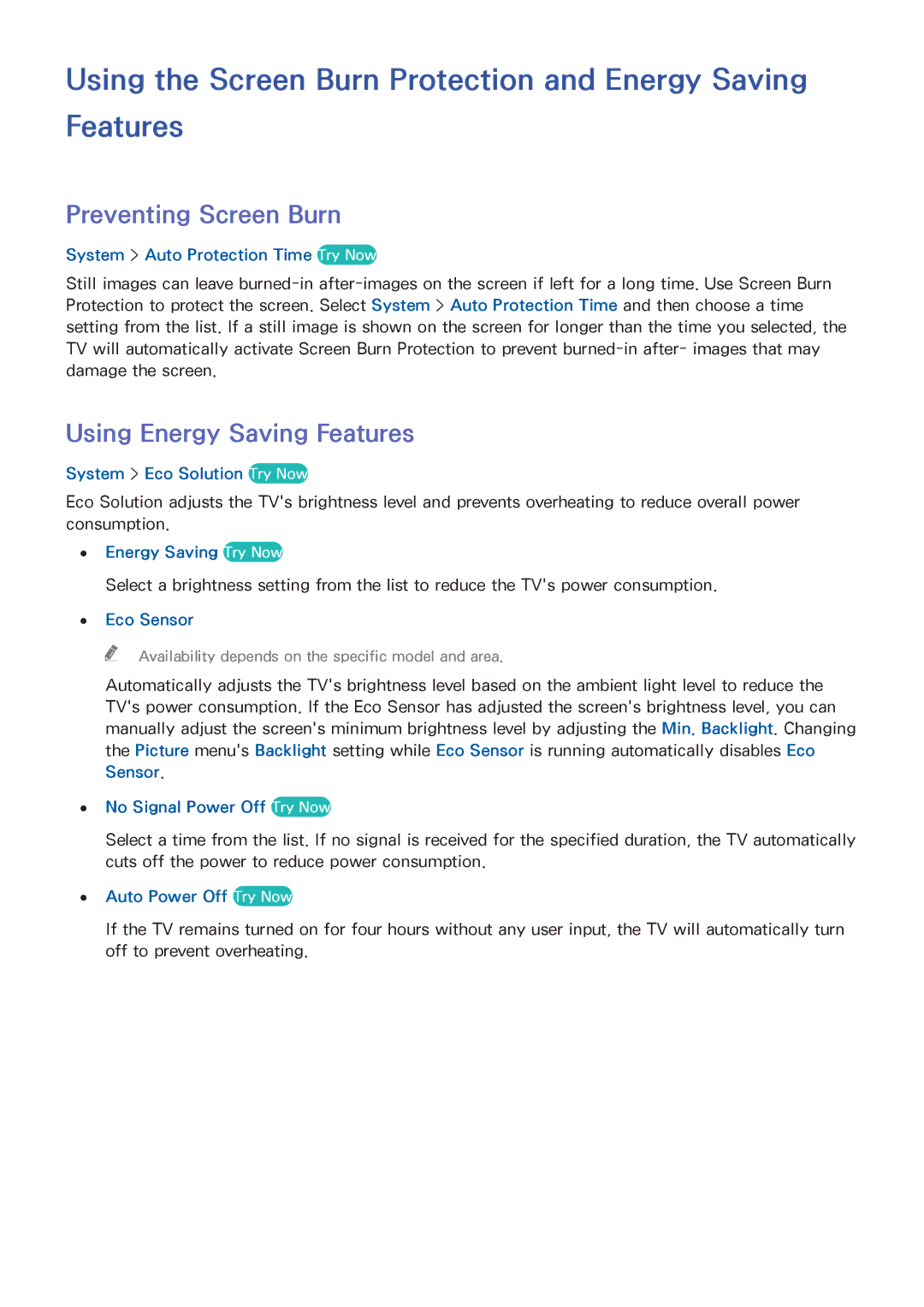 Samsung UE60H6200AYXZT, UE75H6470SSXZG Using the Screen Burn Protection and Energy Saving Features, Preventing Screen Burn 