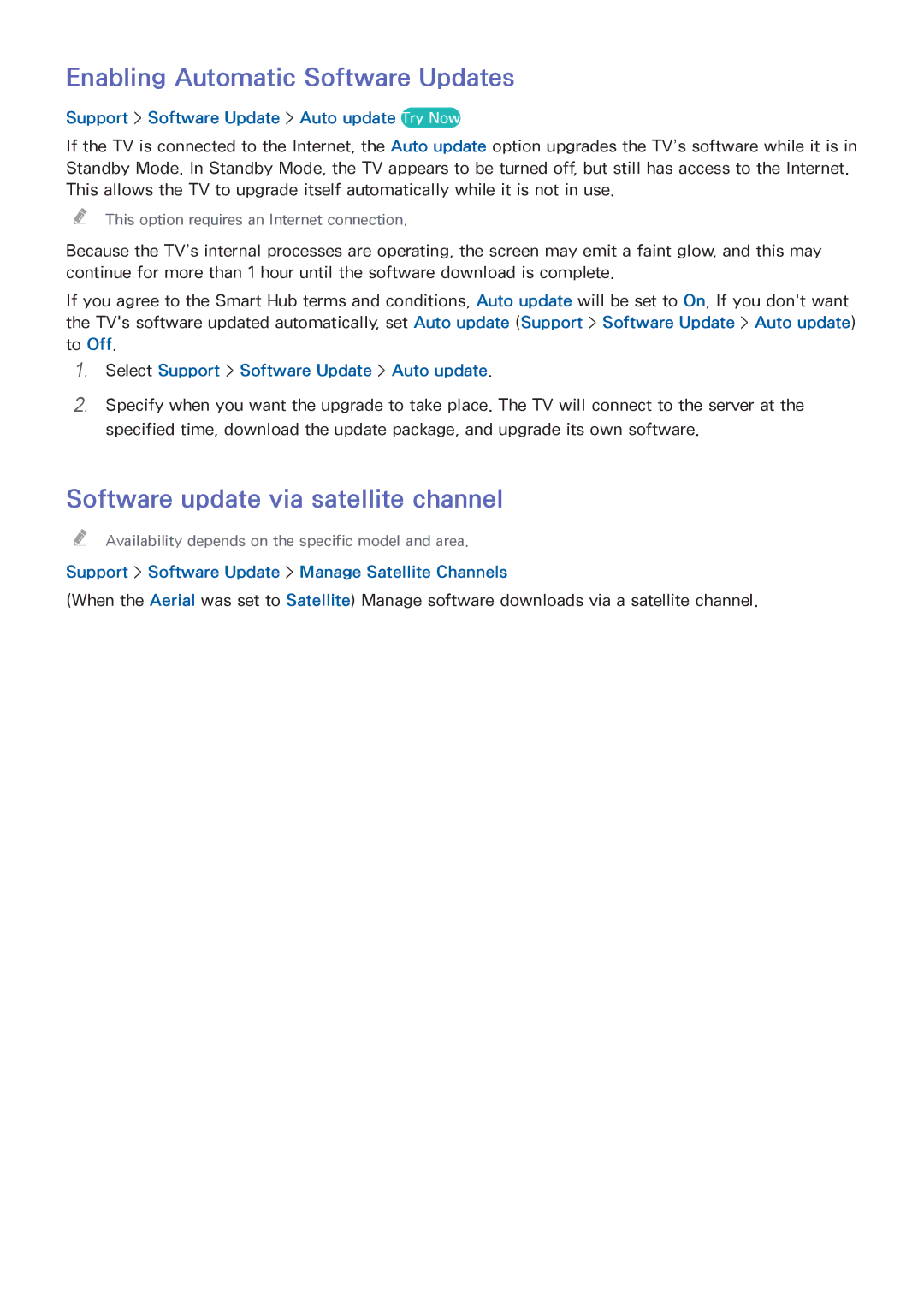 Samsung UE40H6240AYXZT, UE75H6470SSXZG manual Enabling Automatic Software Updates, Software update via satellite channel 