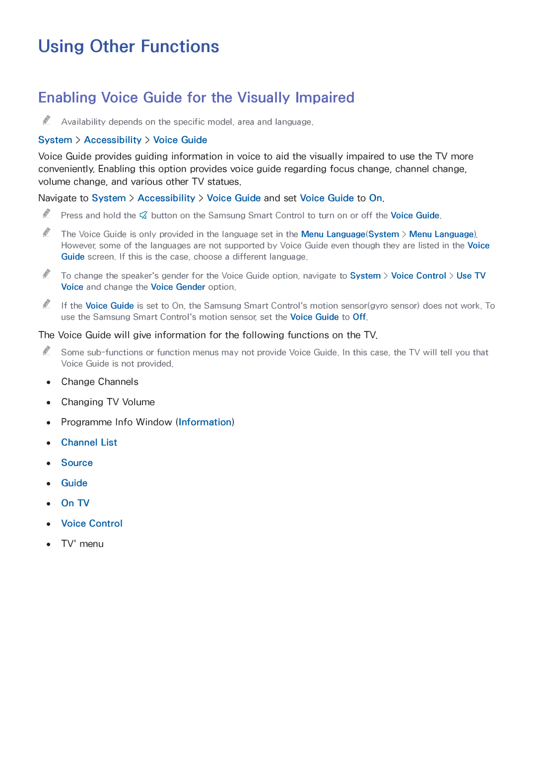 Samsung UE32H5500AYXZT, UE75H6470SSXZG manual Using Other Functions, Enabling Voice Guide for the Visually Impaired 