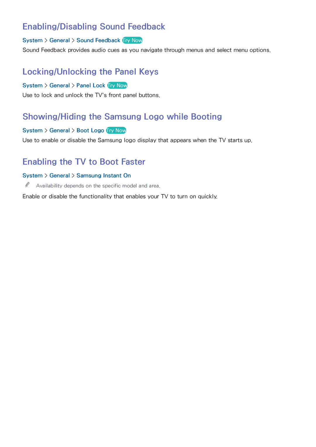 Samsung UE65H6400AWXXC Enabling/Disabling Sound Feedback, Locking/Unlocking the Panel Keys, Enabling the TV to Boot Faster 