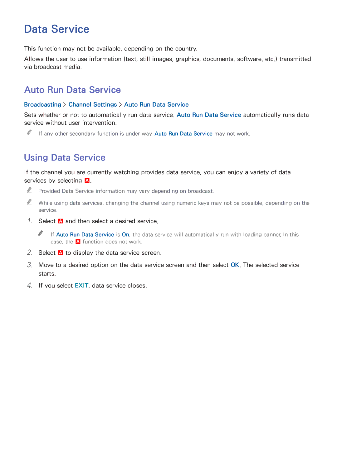 Samsung UE32H5570SSXXH, UE75H6470SSXZG Using Data Service, Broadcasting Channel Settings Auto Run Data Service 