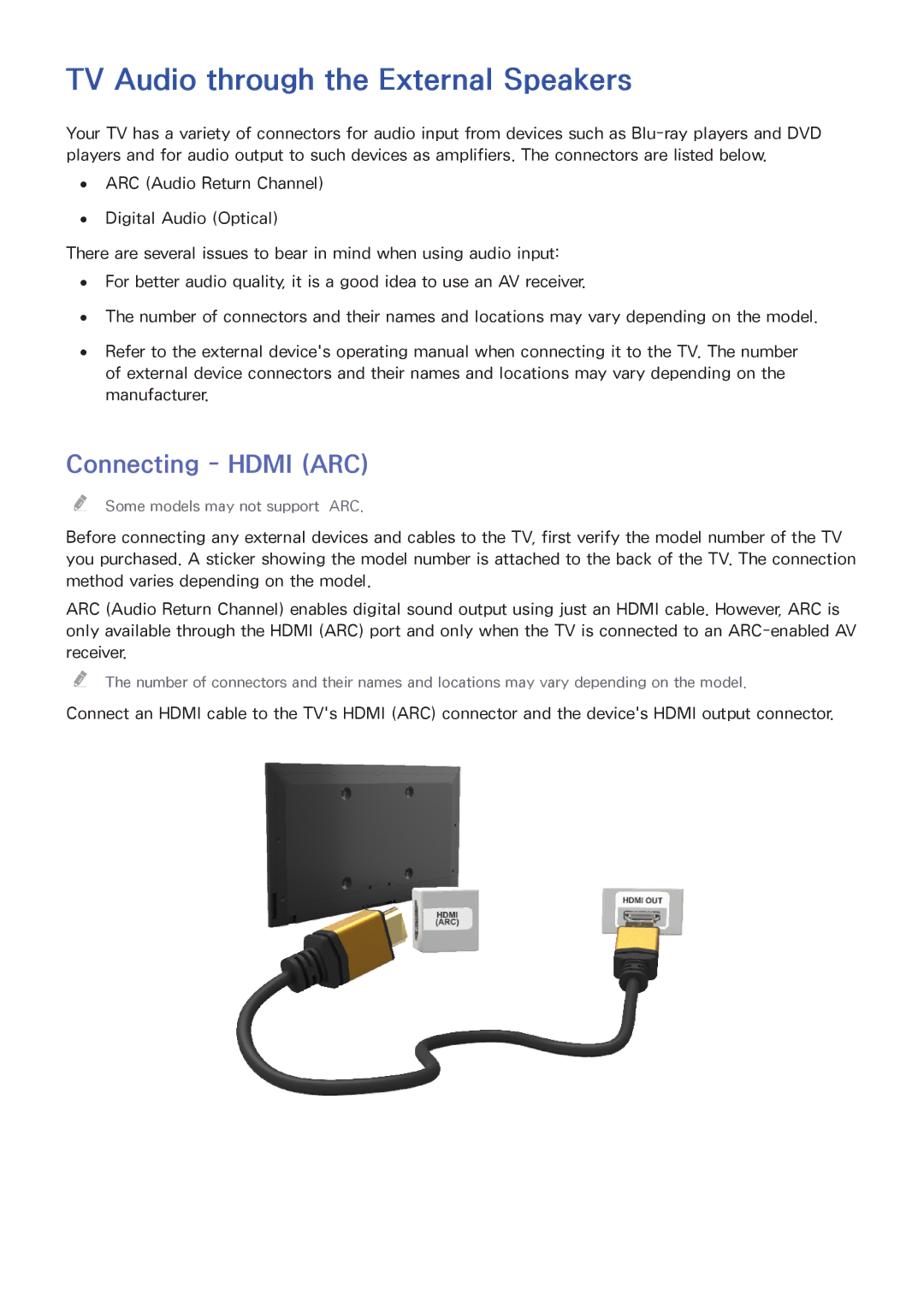 Samsung UE32H4580SSXZG, UE75H6470SSXZG, UE65H6470SSXZG manual TV Audio through the External Speakers, Connecting Hdmi ARC 