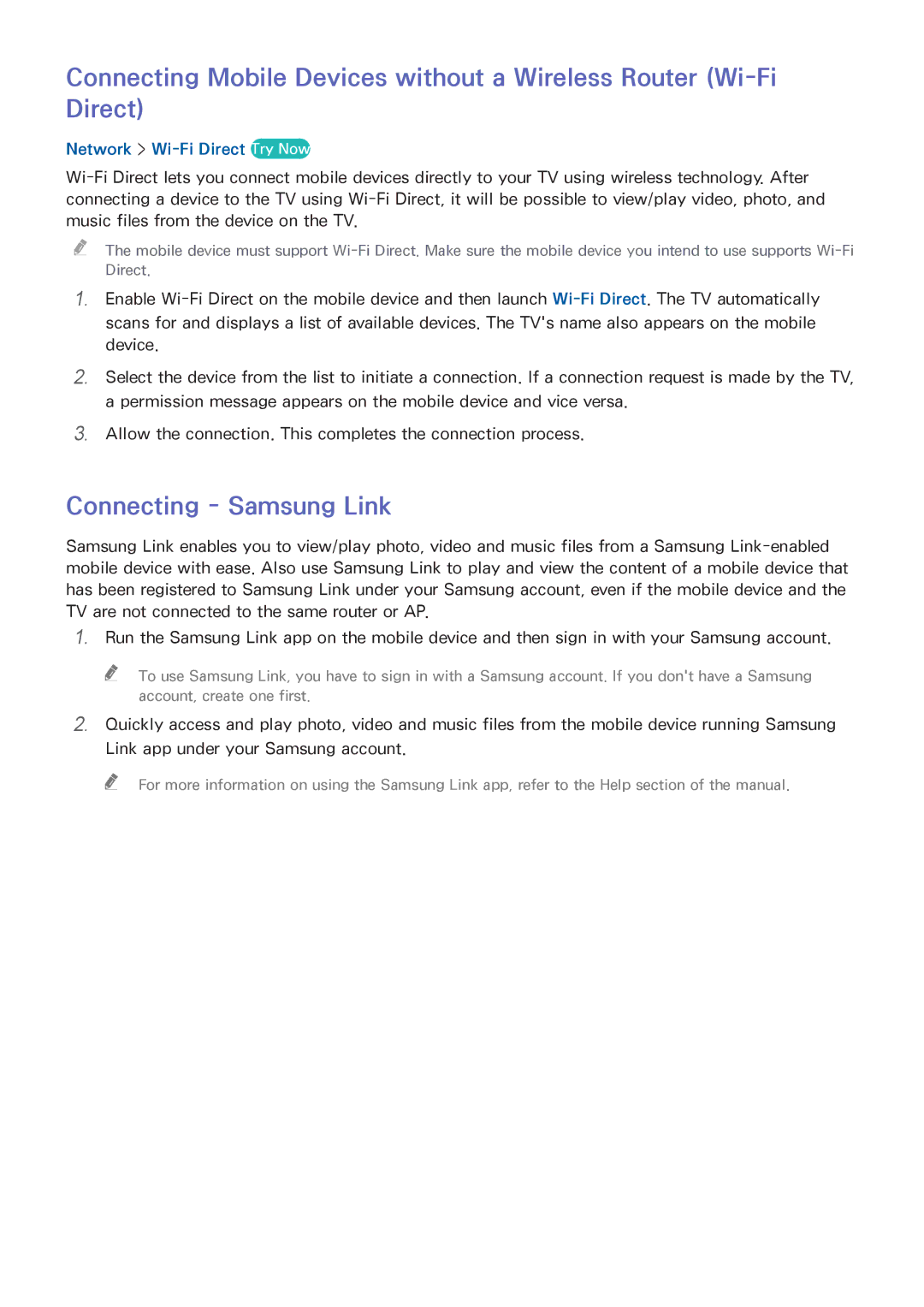 Samsung UE32H6410SSXZG, UE75H6470SSXZG, UE65H6470SSXZG, UE22H5610AWXXH, UE40H6410ASXTK manual 111, Network Wi-Fi Direct Try Now 