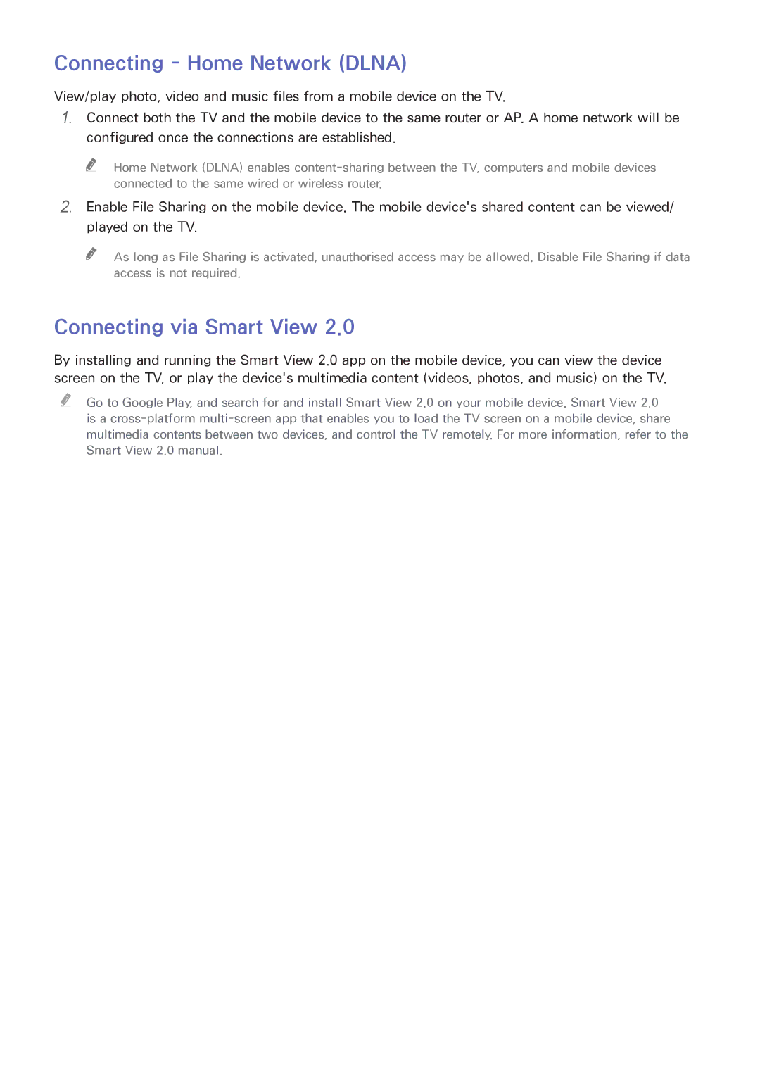 Samsung UE32H6400AWXXH, UE75H6470SSXZG, UE65H6470SSXZG manual Connecting Home Network Dlna, Connecting via Smart View 