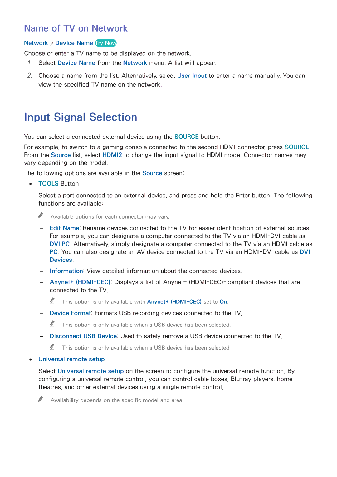 Samsung UE32H6270SSXZG Input Signal Selection, Name of TV on Network, Network Device Name Try Now, Universal remote setup 