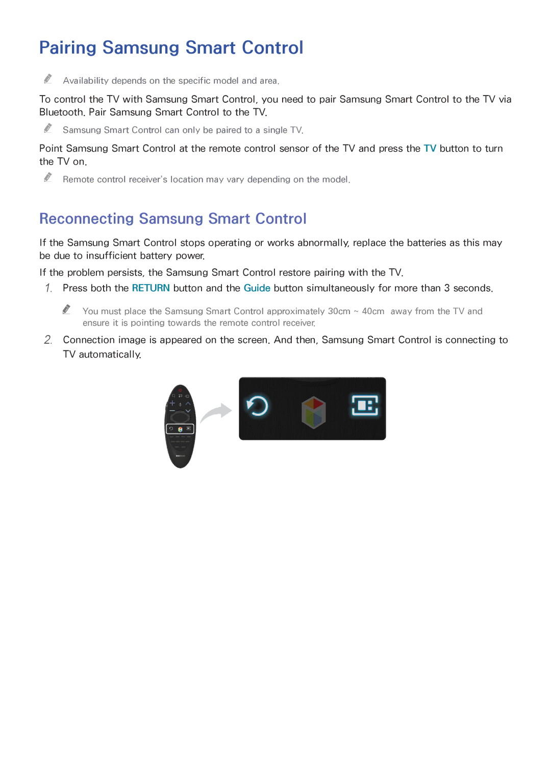 Samsung UE50H6200AWXXH, UE75H6470SSXZG, UE65H6470SSXZG Pairing Samsung Smart Control, Reconnecting Samsung Smart Control 