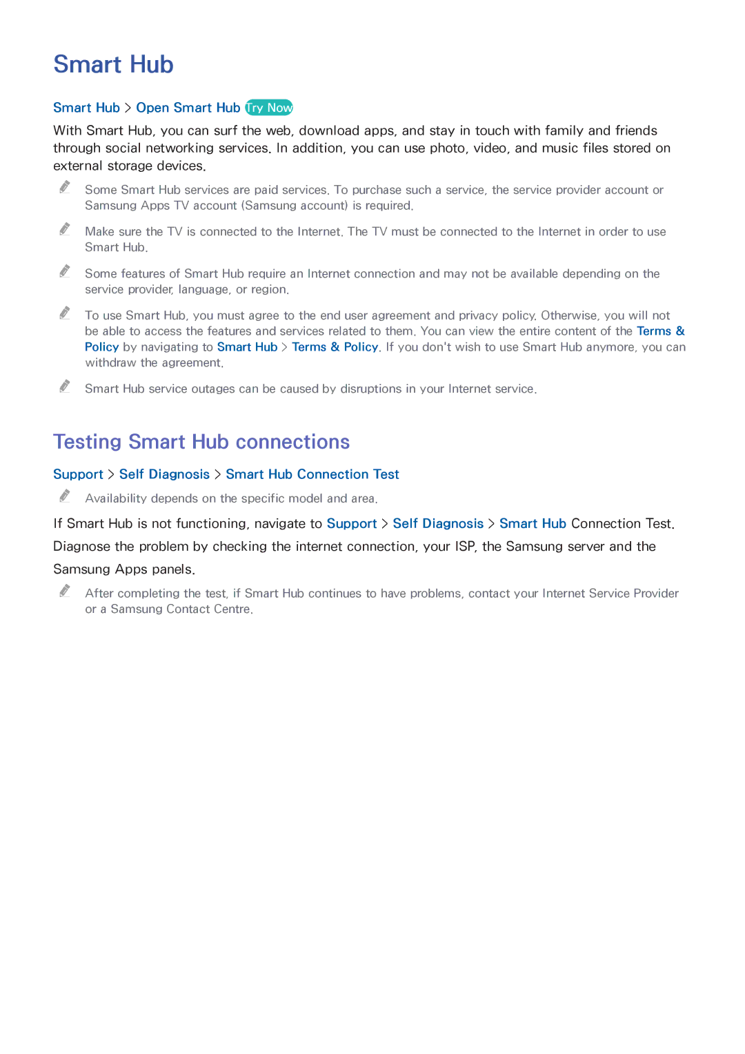 Samsung UE48H6410SSXXH, UE75H6470SSXZG, UE65H6470SSXZG Testing Smart Hub connections, Smart Hub Open Smart Hub Try Now 