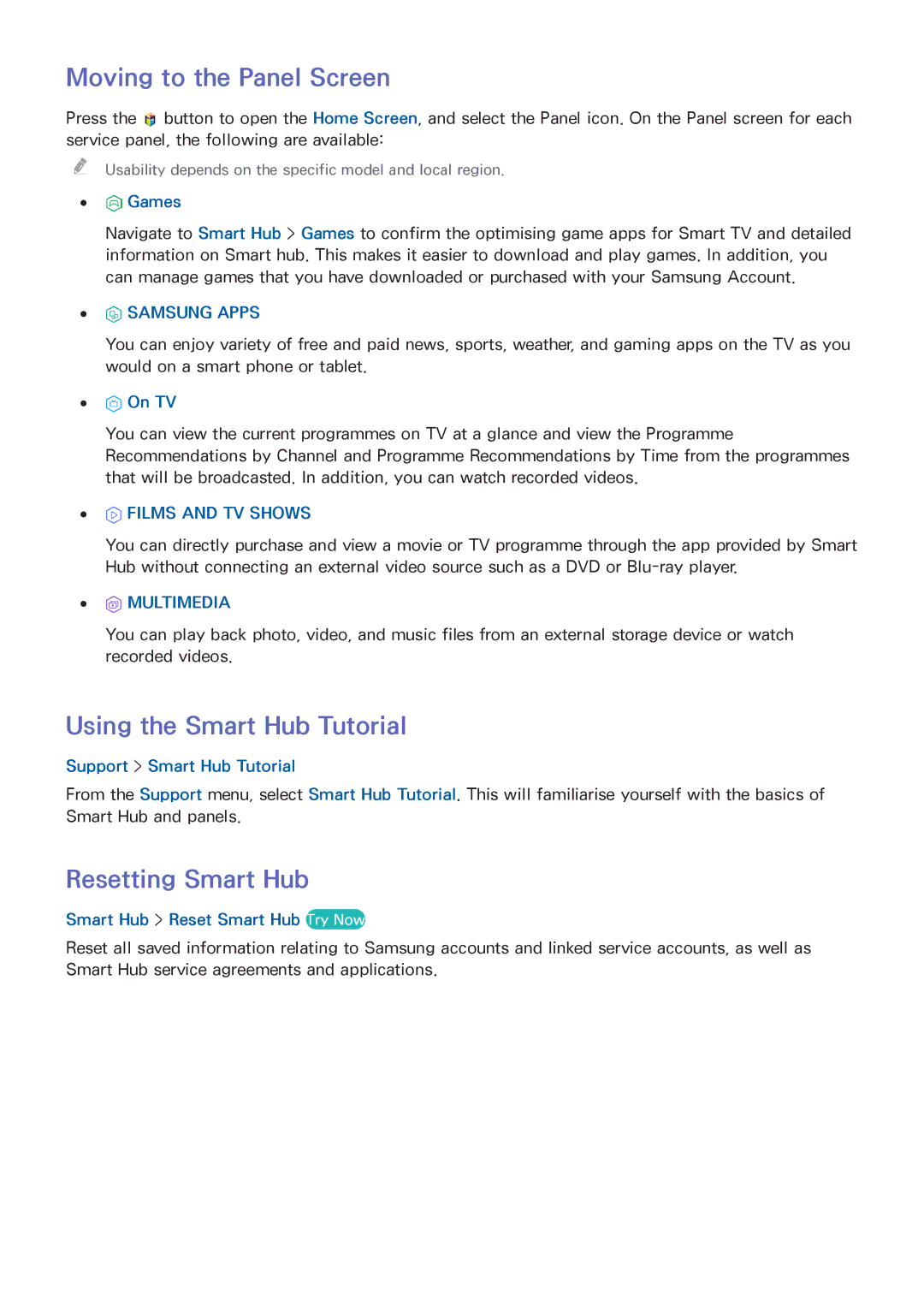 Samsung UE55H6470ASXTK, UE75H6470SSXZG manual Moving to the Panel Screen, Using the Smart Hub Tutorial, Resetting Smart Hub 