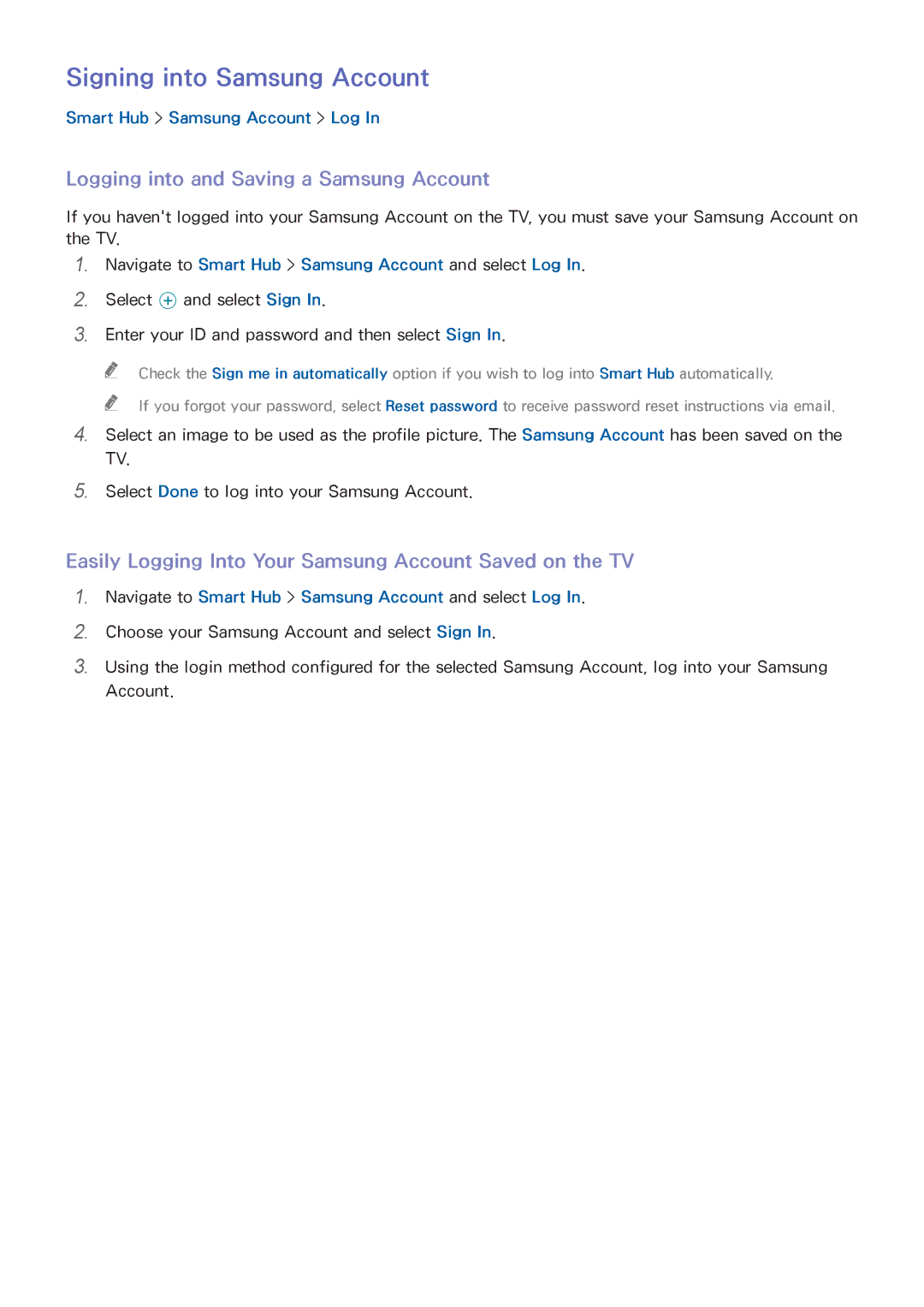 Samsung UE32H4510AWXXH, UE75H6470SSXZG manual Signing into Samsung Account, Logging into and Saving a Samsung Account 