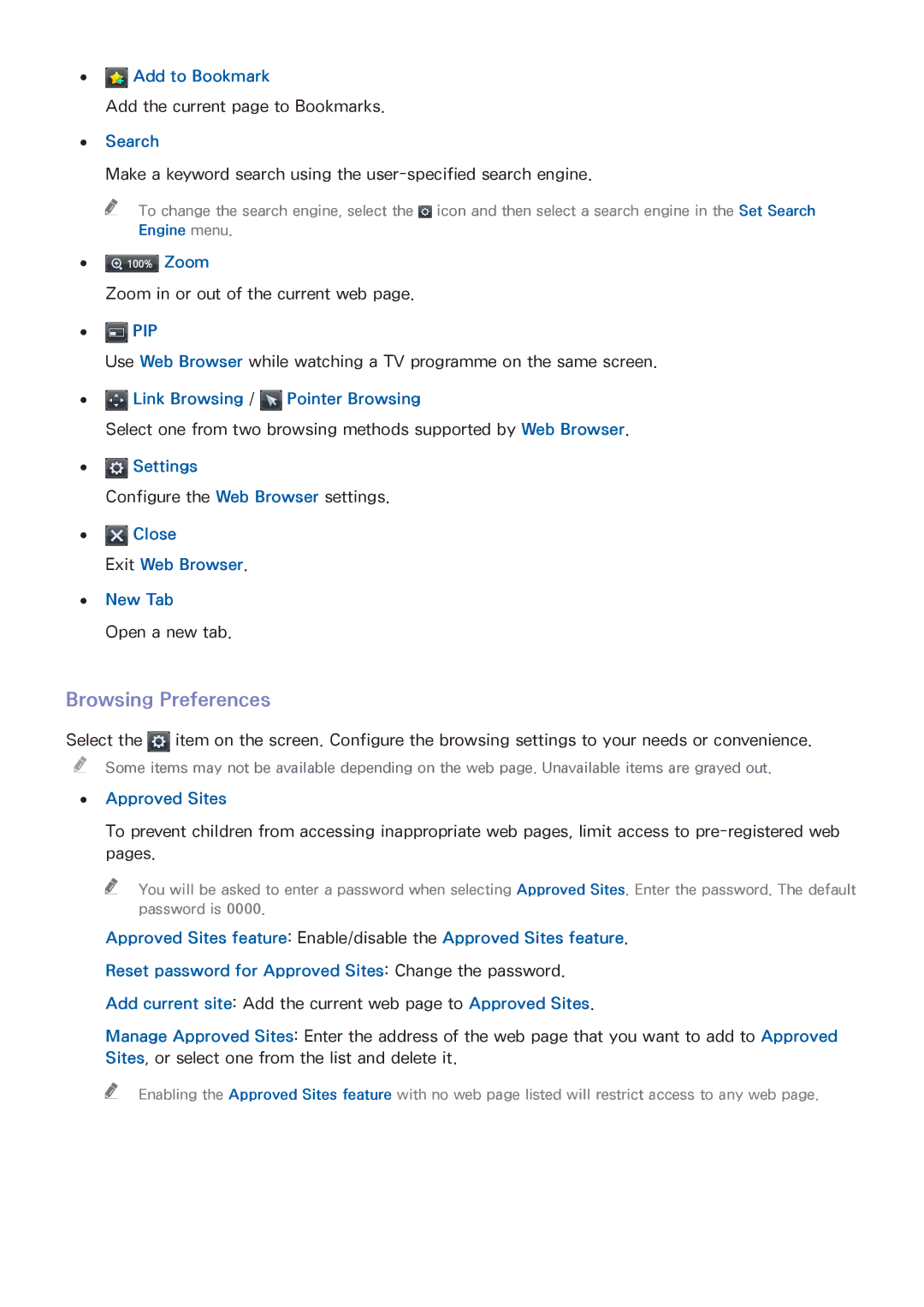 Samsung UE48H6410ASXTK manual Browsing Preferences, Add to Bookmark, Search, Zoom Zoom in or out of the current web 