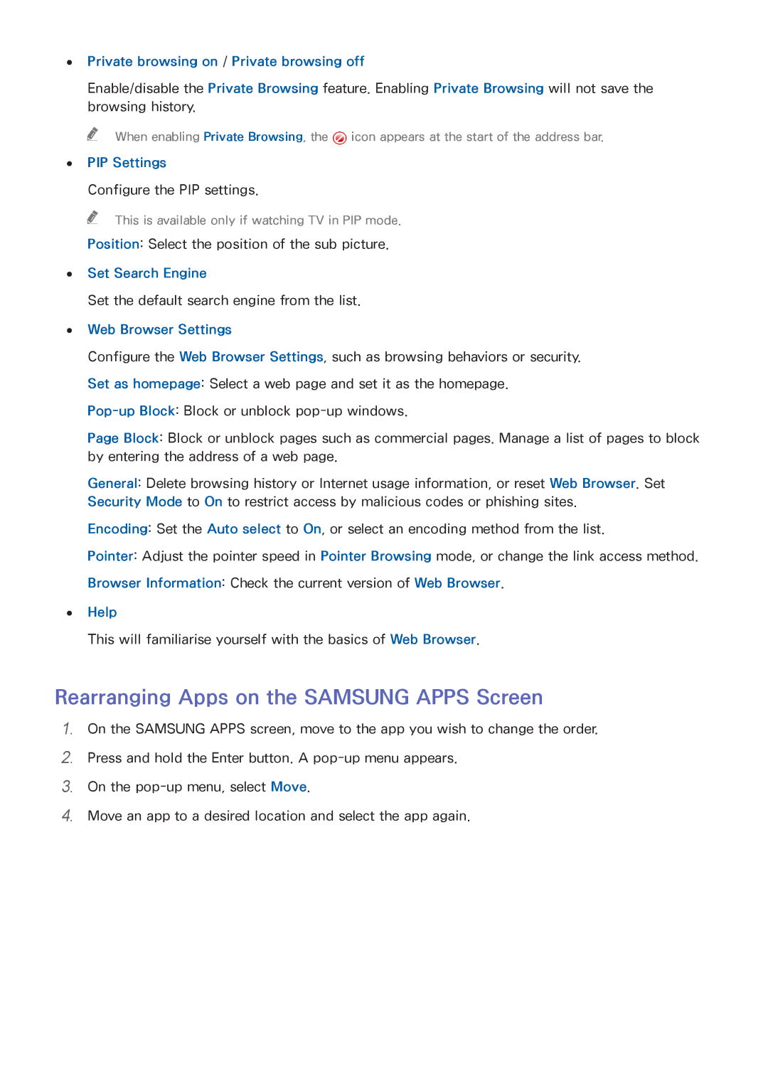 Samsung UE50H6400AWXXH manual Rearranging Apps on the Samsung Apps Screen, Private browsing on / Private browsing off 