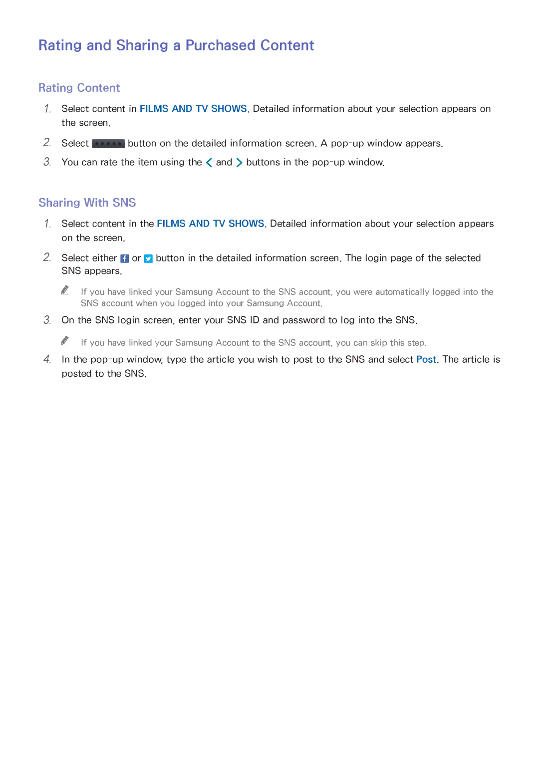 Samsung UE55H6400AWXZF, UE75H6470SSXZG manual Rating and Sharing a Purchased Content, Rating Content, Sharing With SNS 