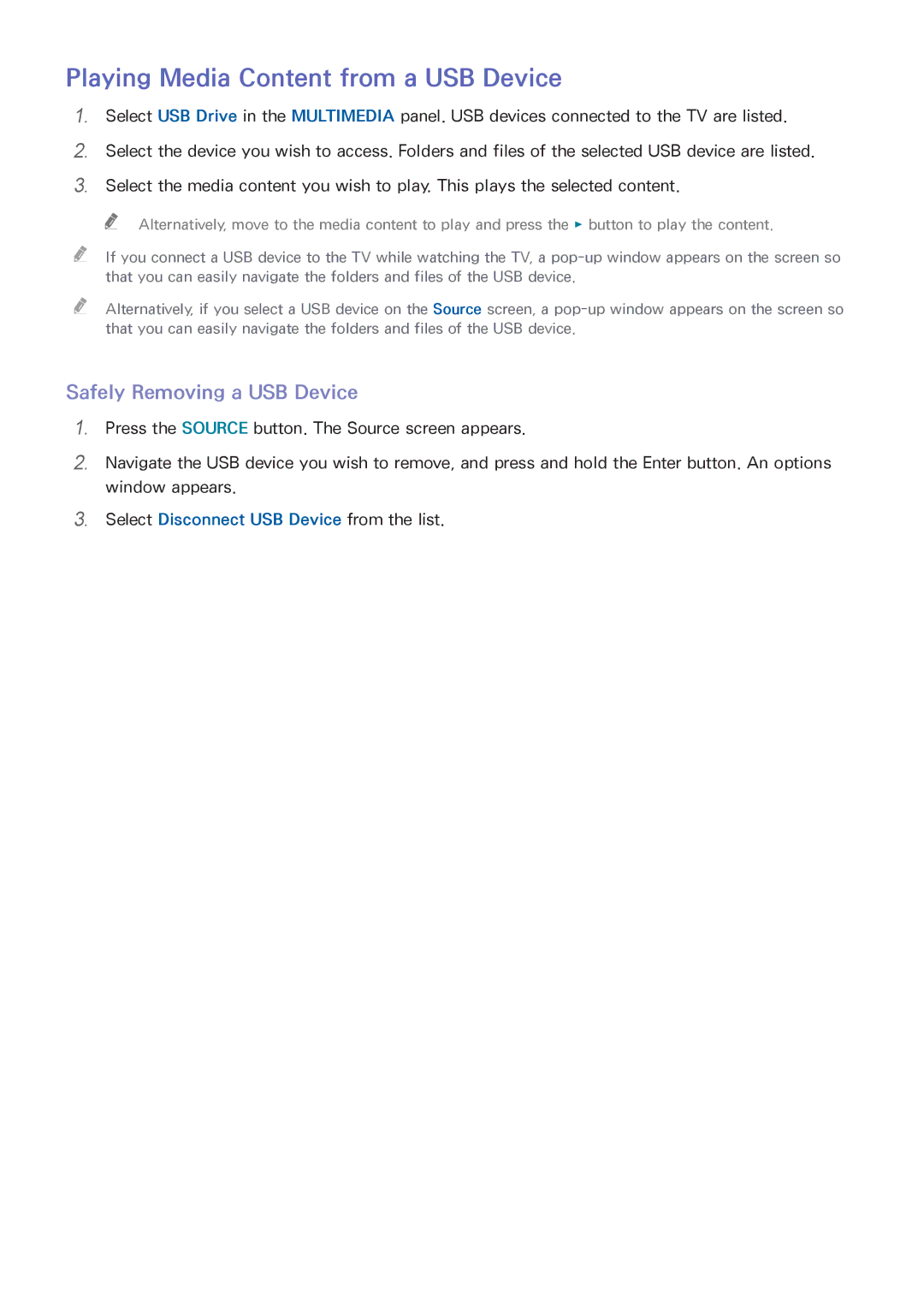 Samsung UE32H4500AWXZF, UE75H6470SSXZG manual Playing Media Content from a USB Device, Safely Removing a USB Device 