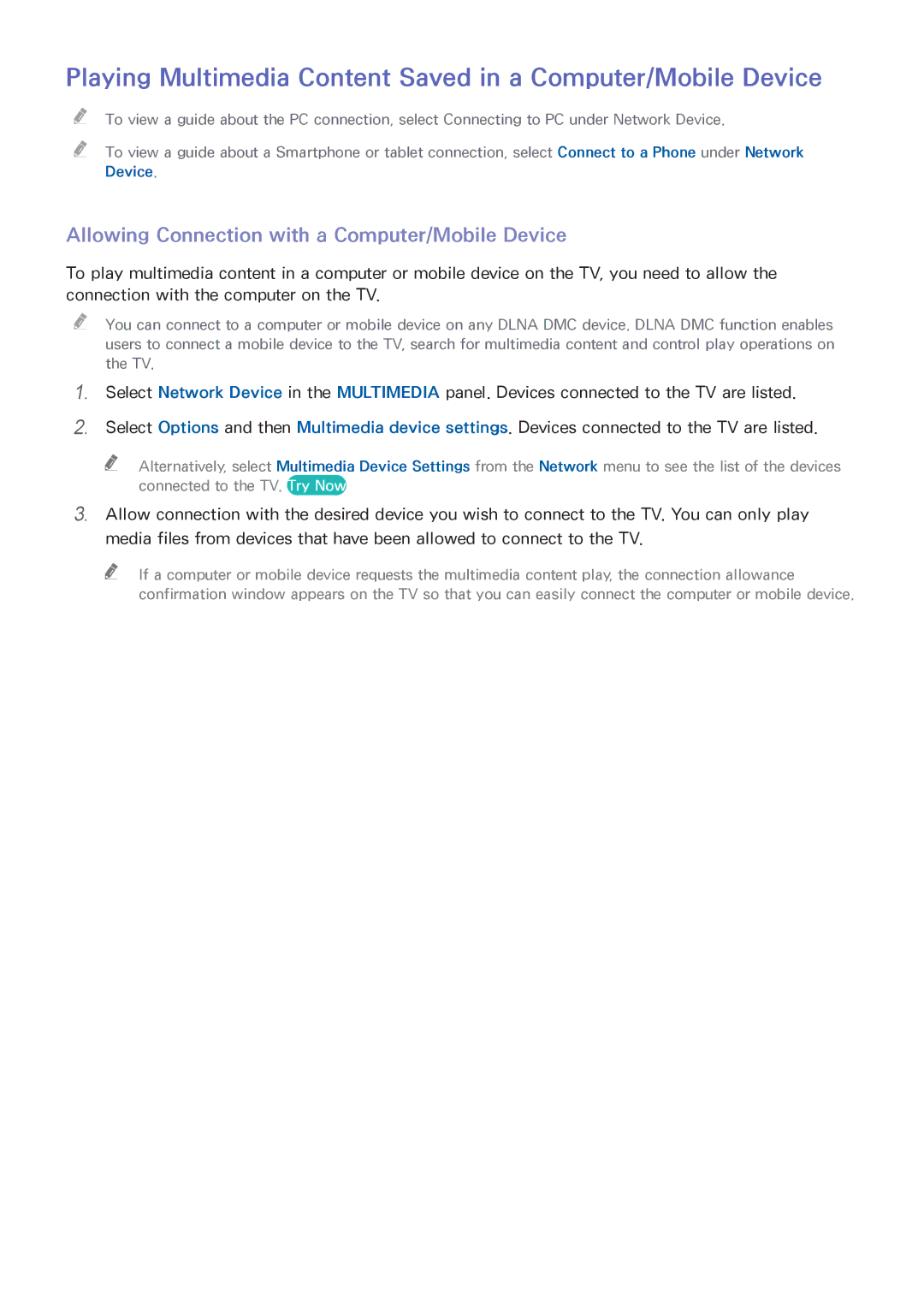 Samsung UE40H6200AWXZF, UE75H6470SSXZG, UE65H6470SSXZG manual Playing Multimedia Content Saved in a Computer/Mobile Device 