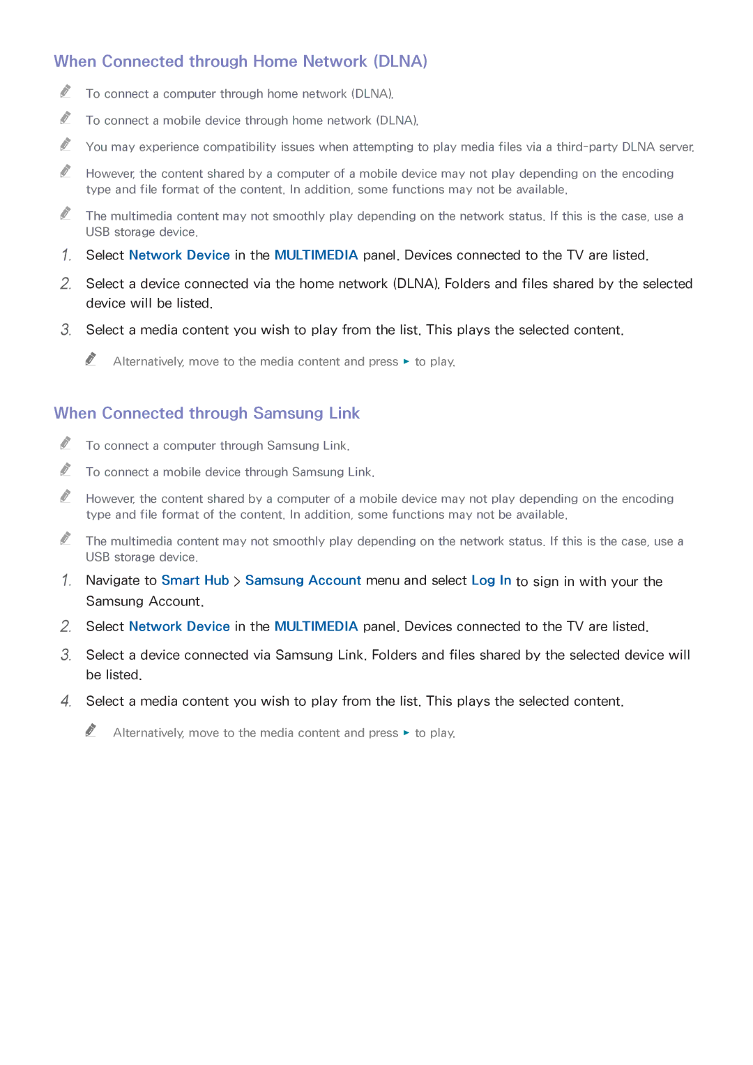 Samsung UE32H6400AWXZF, UE75H6470SSXZG manual When Connected through Home Network Dlna, When Connected through Samsung Link 