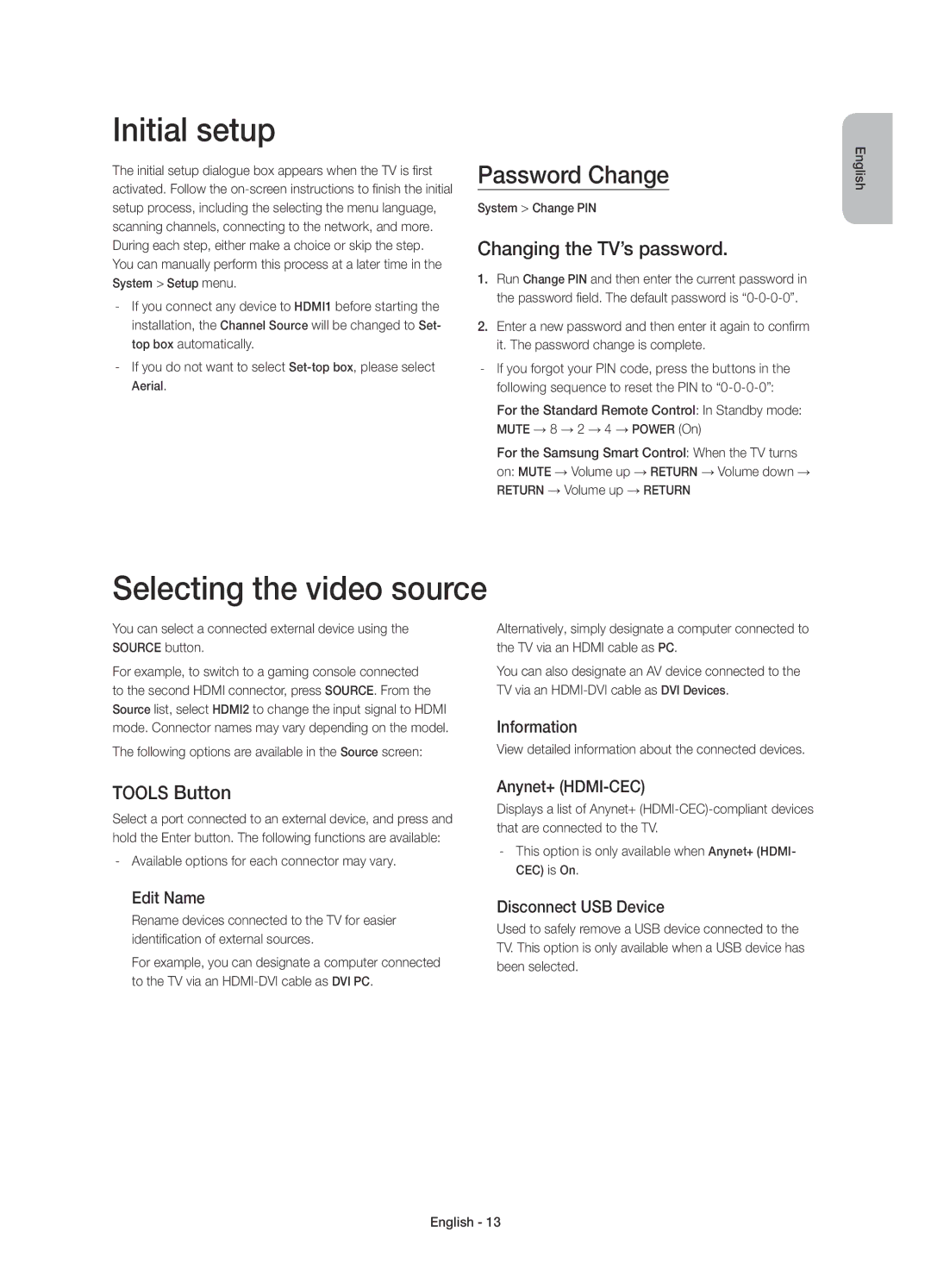 Samsung UE55H6470SSXZG manual Initial setup, Selecting the video source, Password Change, Changing the TV’s password 
