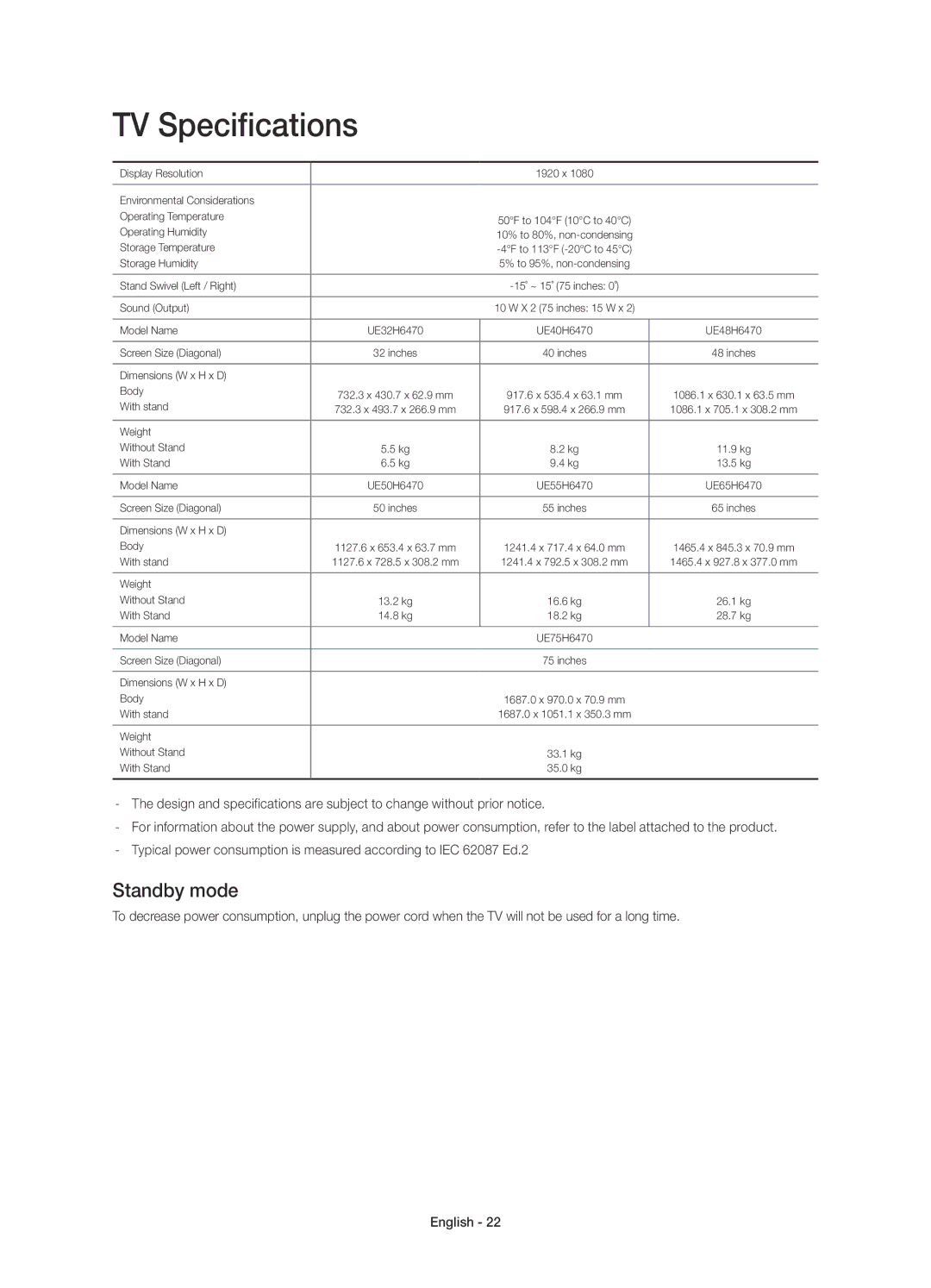 Samsung UE65H6470SSXZG, UE75H6470SSXZG, UE32H6470SSXZG, UE48H6470SSXZG, UE50H6470SSXZG manual TV Specifications, Standby mode 