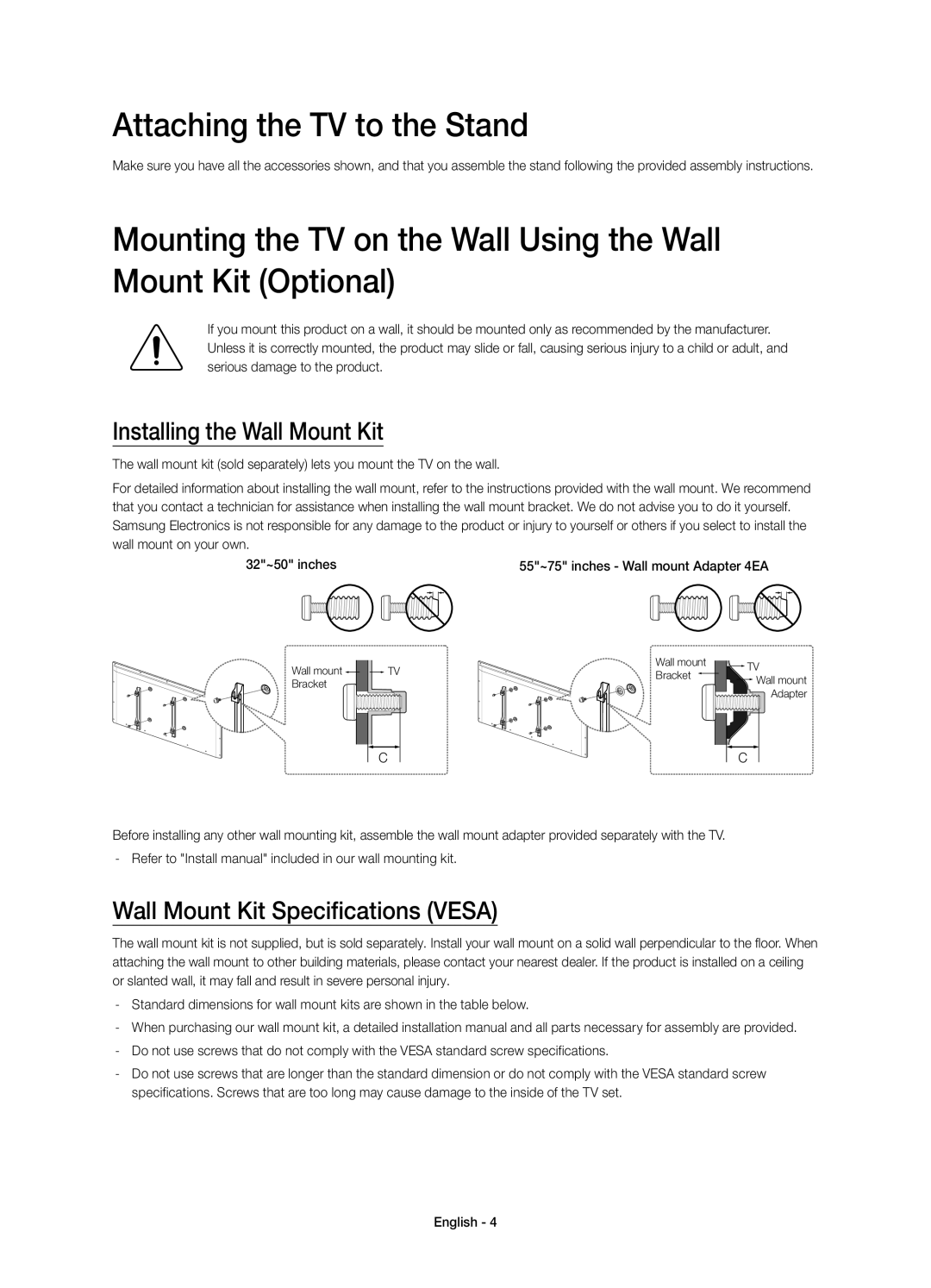 Samsung UE50H6470SSXZG Attaching the TV to the Stand, Installing the Wall Mount Kit, Wall Mount Kit Specifications Vesa 