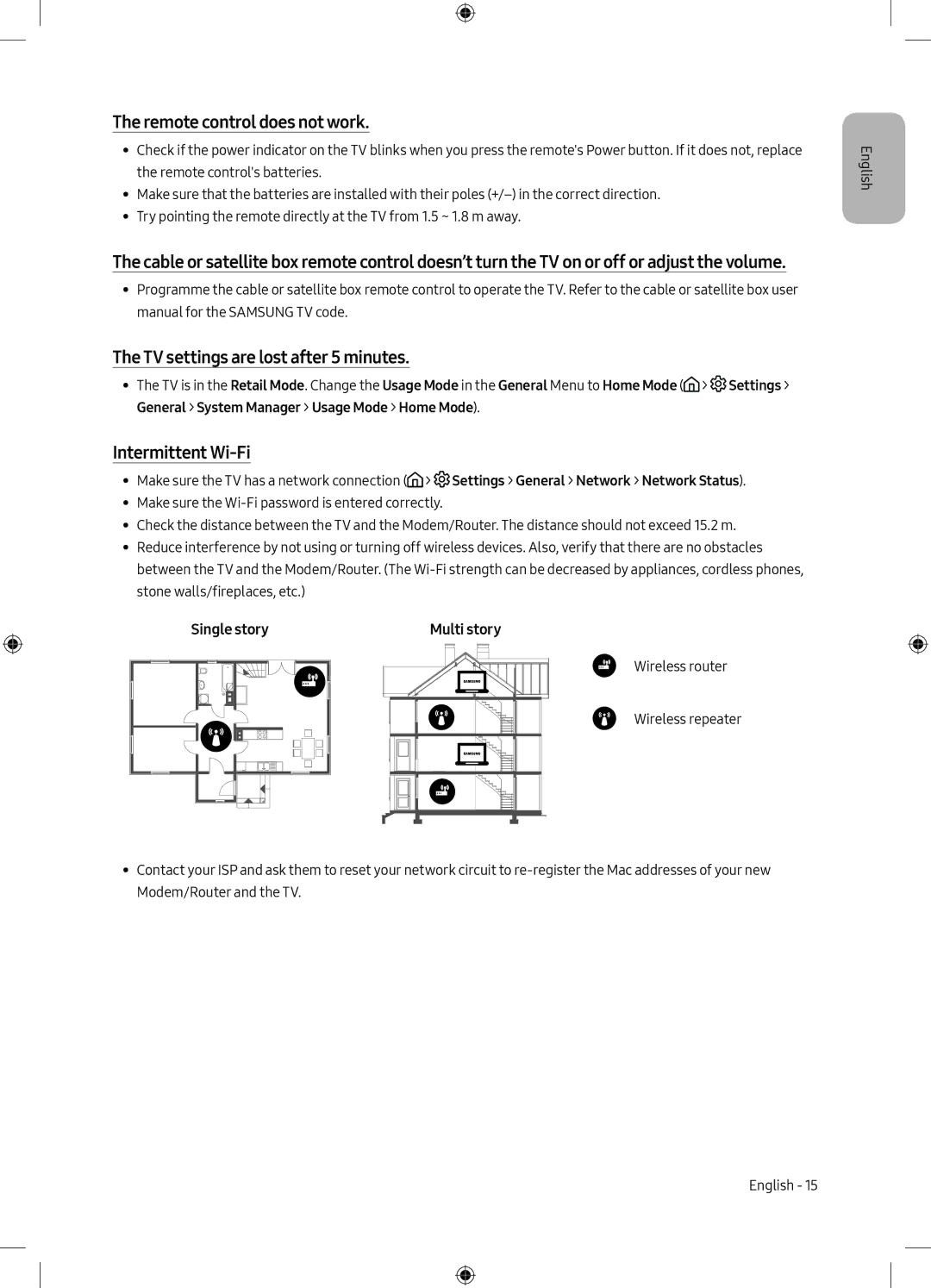 Samsung UE75MU6198UXZG manual Remote control does not work, TV settings are lost after 5 minutes, Intermittent Wi-Fi 