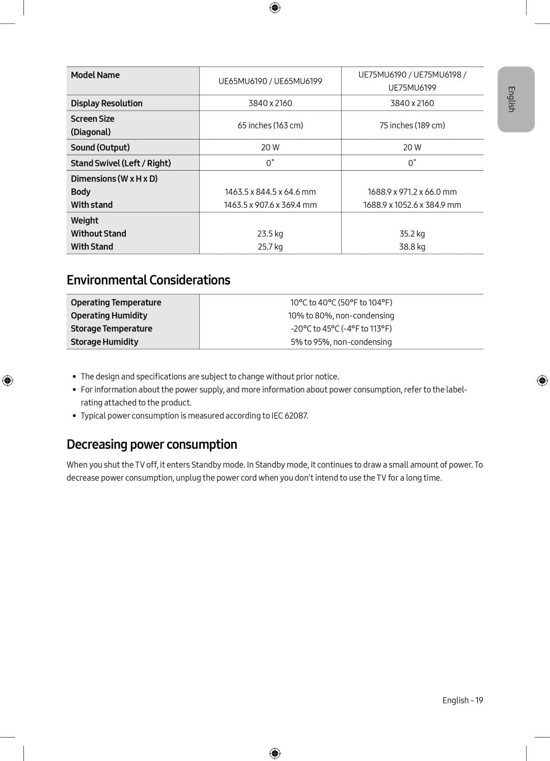 Samsung UE75MU6198UXZG manual Environmental Considerations, Decreasing power consumption 