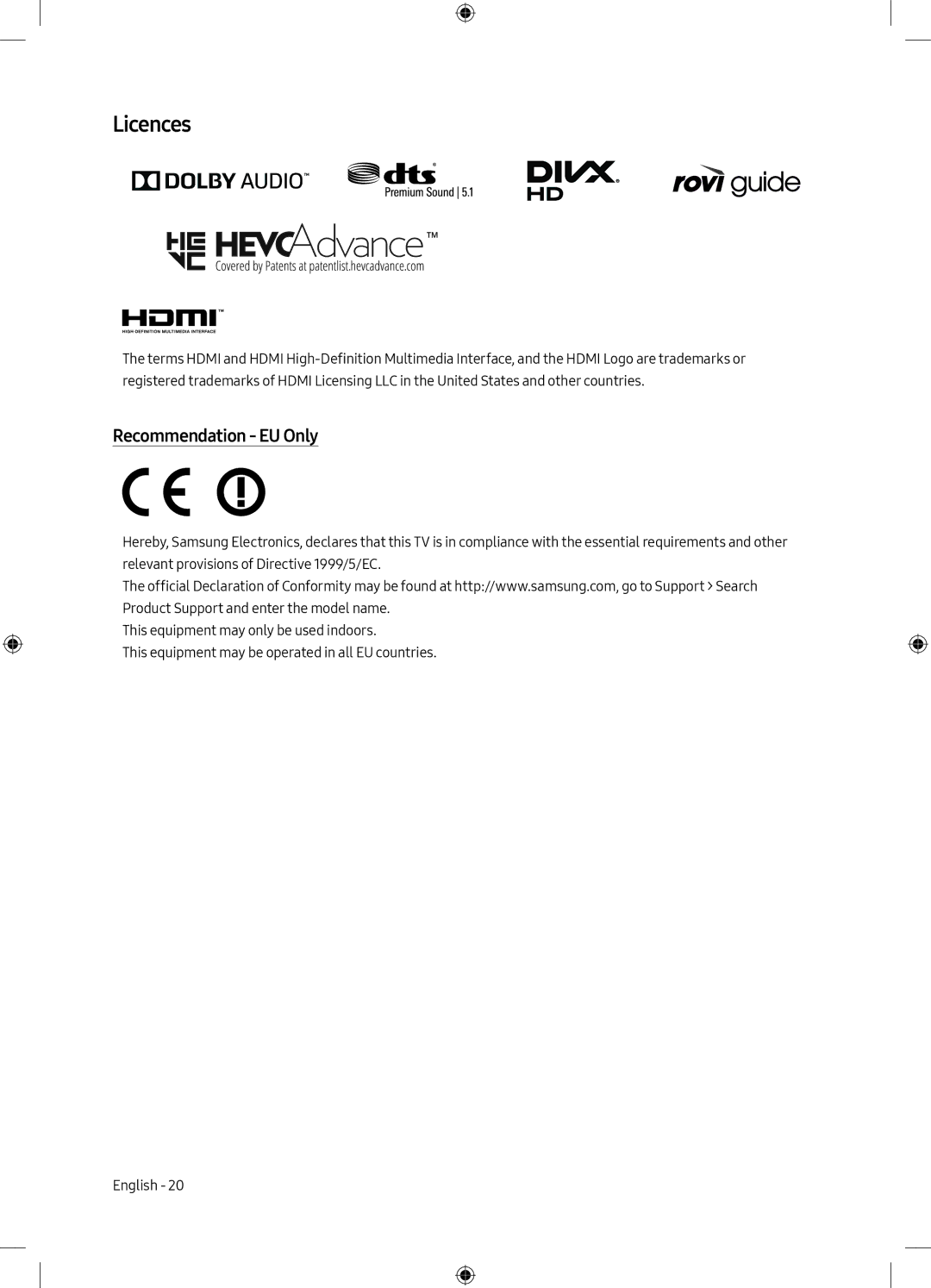 Samsung UE75MU6198UXZG manual Licences, Recommendation EU Only 