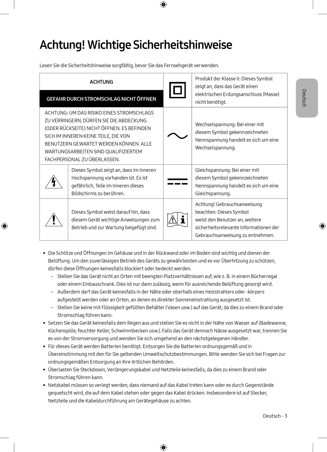 Samsung UE75MU6198UXZG manual Achtung! Wichtige Sicherheitshinweise 