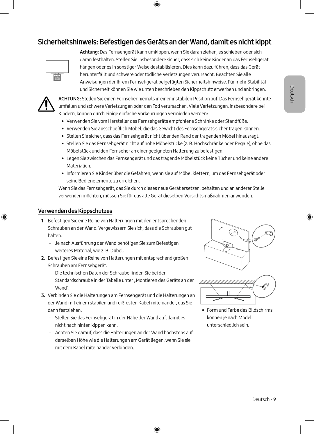 Samsung UE75MU6198UXZG manual Verwenden des Kippschutzes 