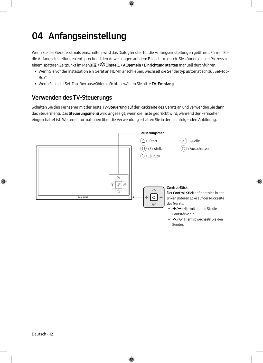 Samsung UE75MU6198UXZG manual Anfangseinstellung, Verwenden des TV-Steuerungs 