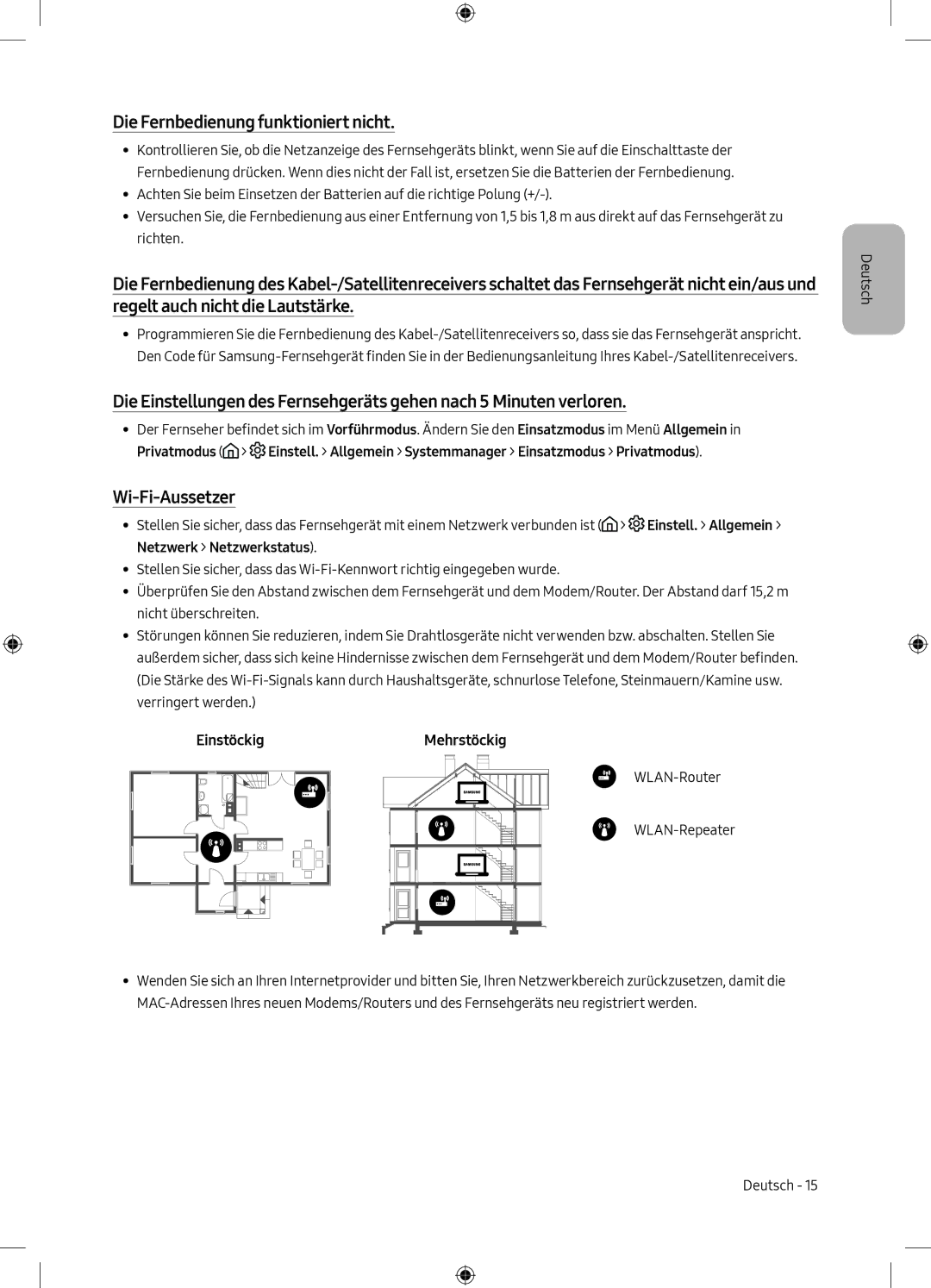 Samsung UE75MU6198UXZG manual Die Fernbedienung funktioniert nicht, Wi-Fi-Aussetzer, EinstöckigMehrstöckig 