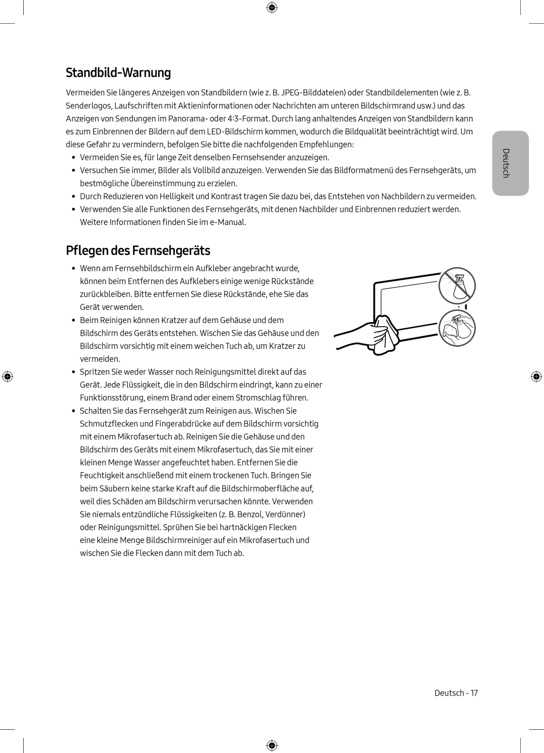 Samsung UE75MU6198UXZG manual Standbild-Warnung, Pflegen des Fernsehgeräts 