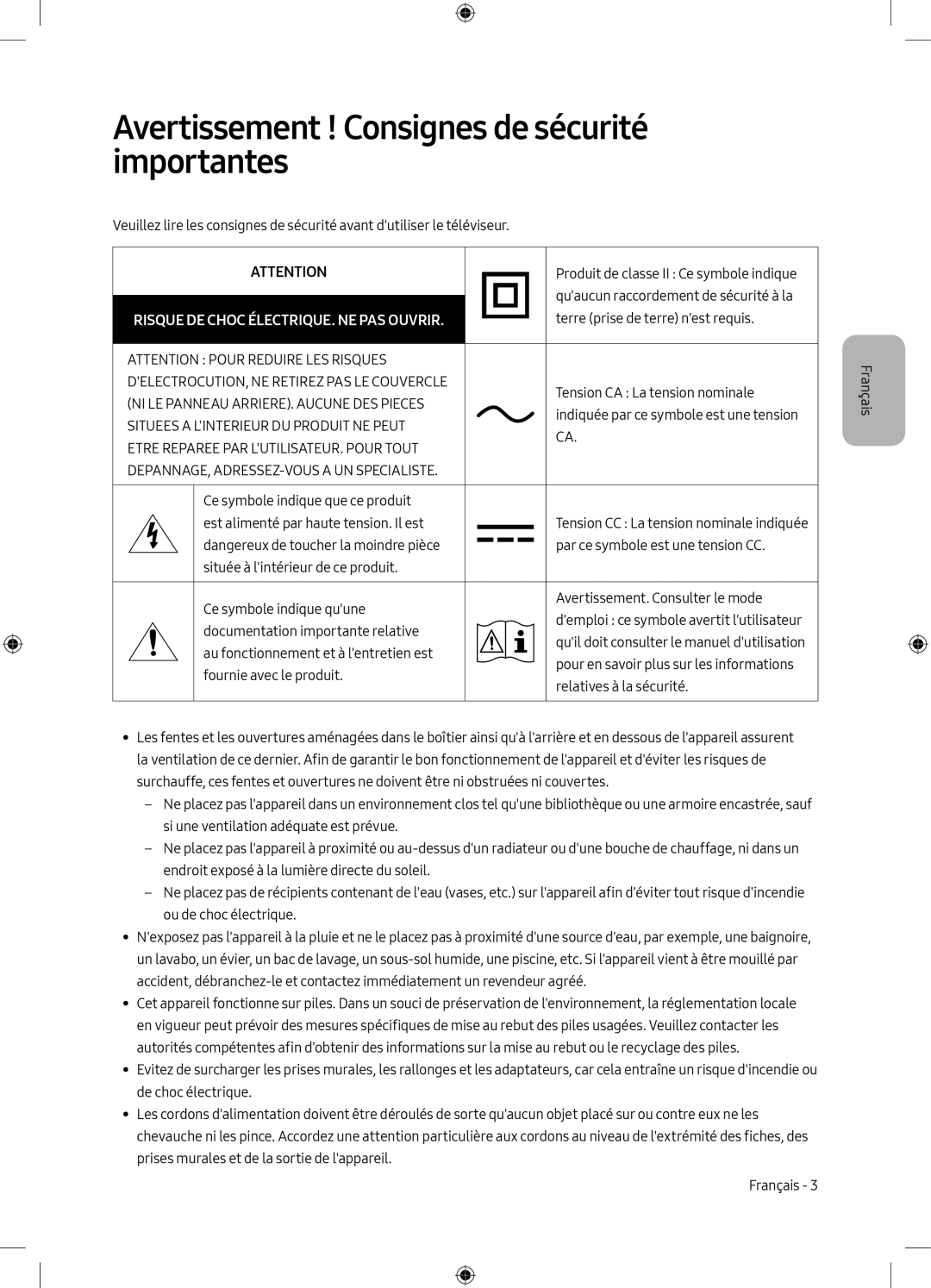 Samsung UE75MU6198UXZG manual Avertissement ! Consignes de sécurité importantes, Risque DE Choc ÉLECTRIQUE. NE PAS Ouvrir 