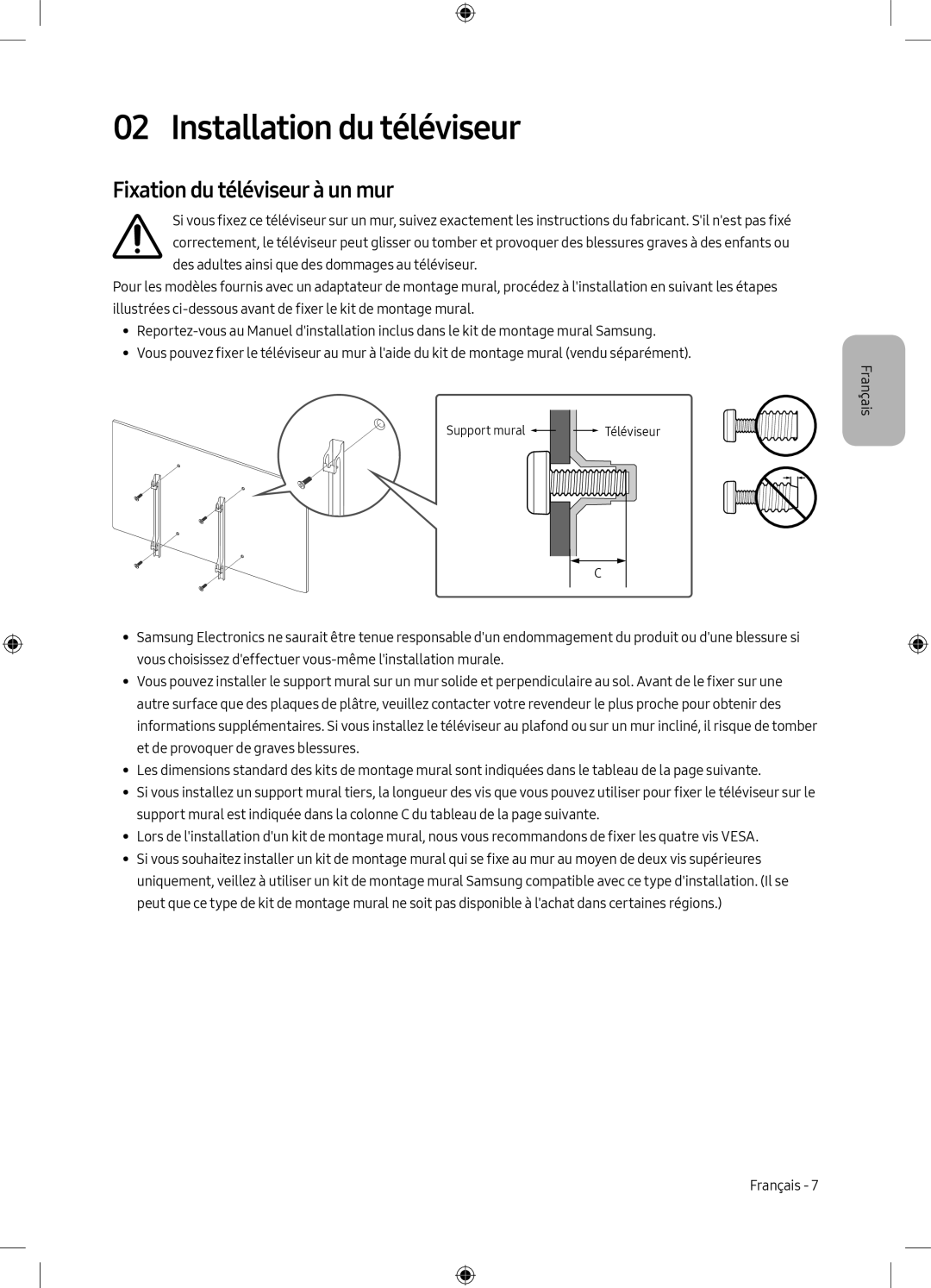 Samsung UE75MU6198UXZG manual Installation du téléviseur, Fixation du téléviseur à un mur 