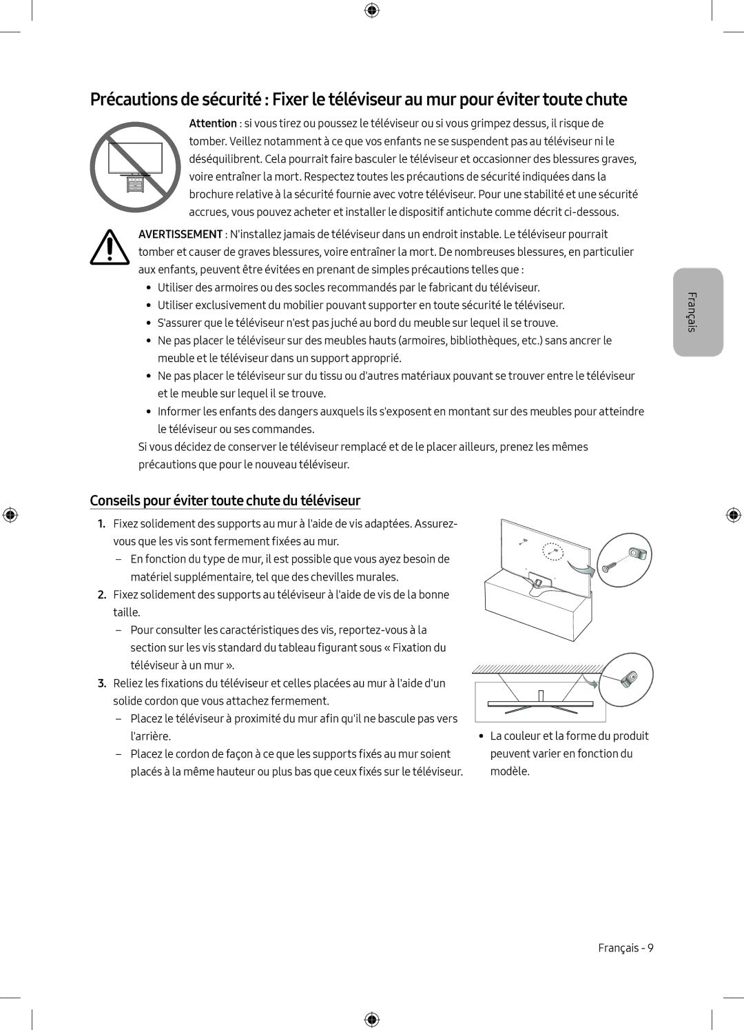 Samsung UE75MU6198UXZG manual Conseils pour éviter toute chute du téléviseur 