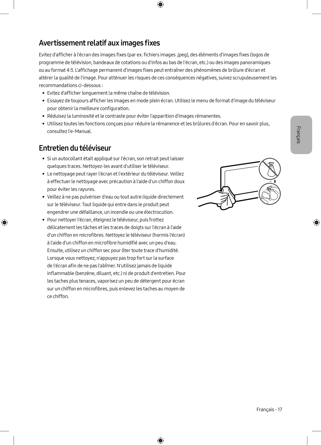 Samsung UE75MU6198UXZG manual Avertissement relatif aux images fixes, Entretien du téléviseur 