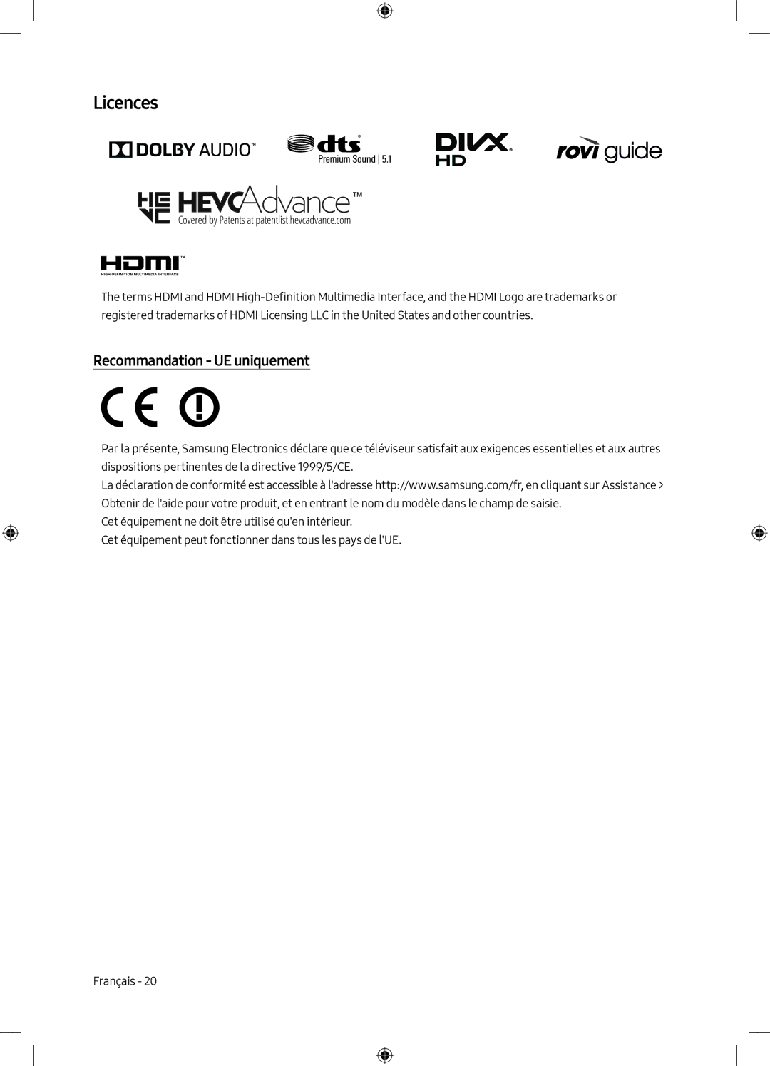 Samsung UE75MU6198UXZG manual Licences, Recommandation UE uniquement 